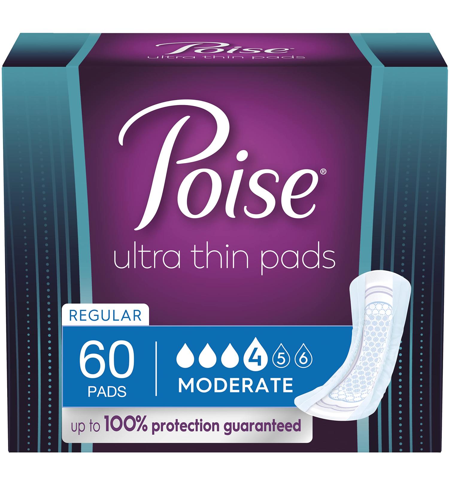 Poise Ultra Thin Incontinence Pads for Women - Moderate Absorbency, Regular Length - 60ct - Buy Online on GoSupps.com