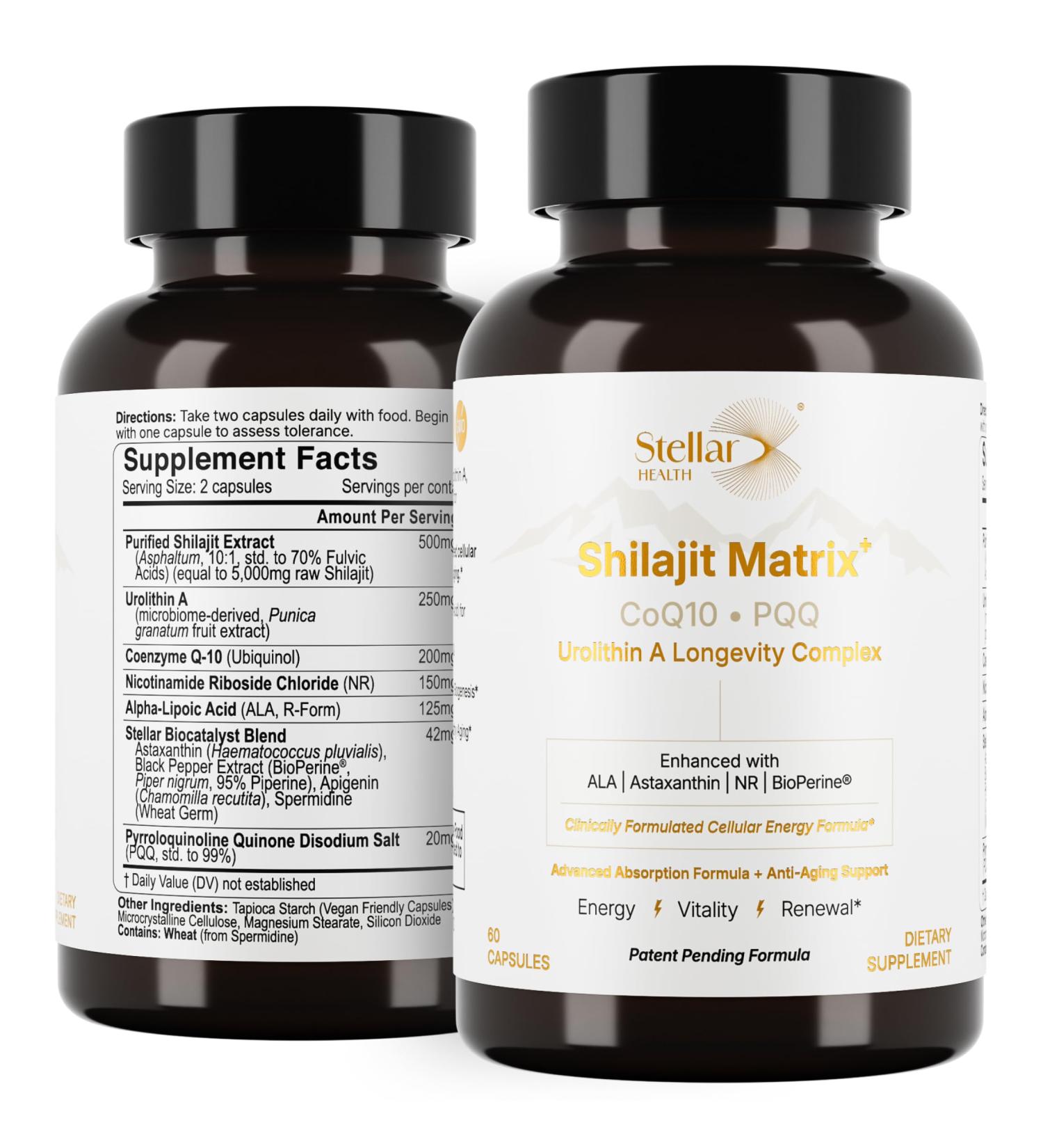 Stellar Health Clinical Mitochondrial Complex - Shilajit 5787mg Extract Equivalent NAD+ Booster - Ubiquinol CoQ10 Urolithin A NR PQQ ALA Astaxanthin - Energy Focus Strength - 60 Vegan Capsules - Buy Online on GoSupps.com
