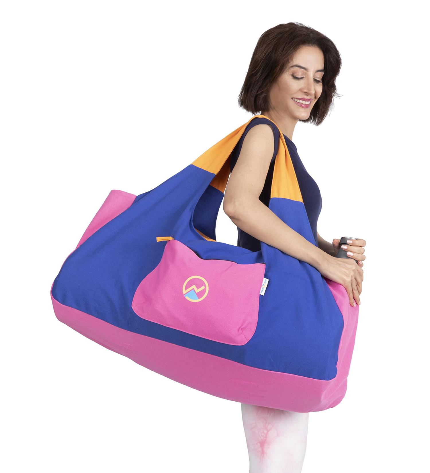 JoYnWell Large Yoga Mat Bag Carrier for Yoga Mats, Bolster, Block, and Workout Gear - Durable 12oz Canvas Exercise Tote with 4 Zipper Pockets in Lapis-Bubblegum - Buy Online on GoSupps.com