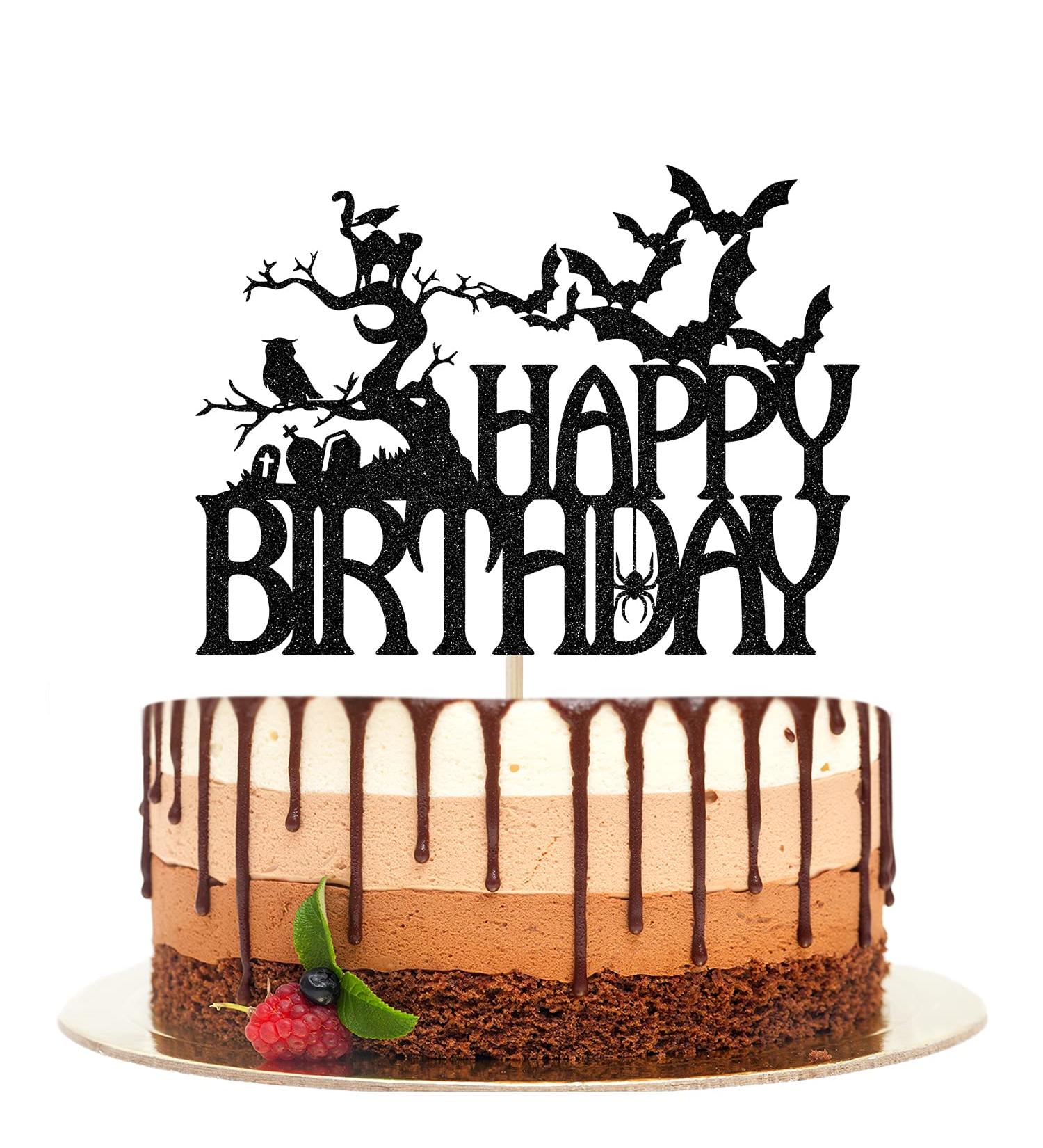 Ferastar Halloween Happy Birthday Cake Topper Spooky Haunted House Black Glitter Cake Supplies Creepy Birthday Themed Party Decor Black Glitter - Buy Online on GoSupps.com