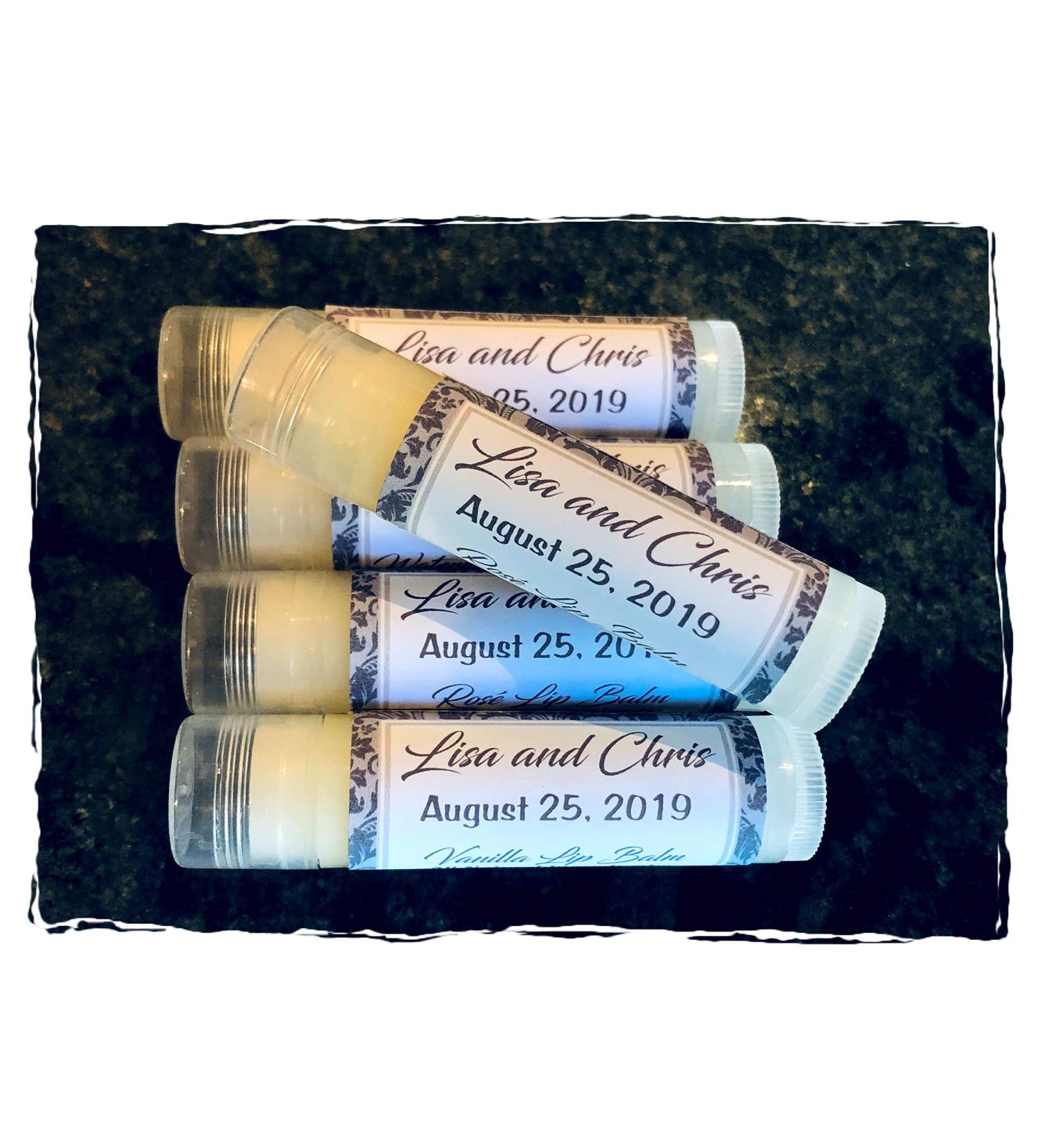 20 WEDDING Personalized Lip Balms in a Grey Damask Background - Vanilla
