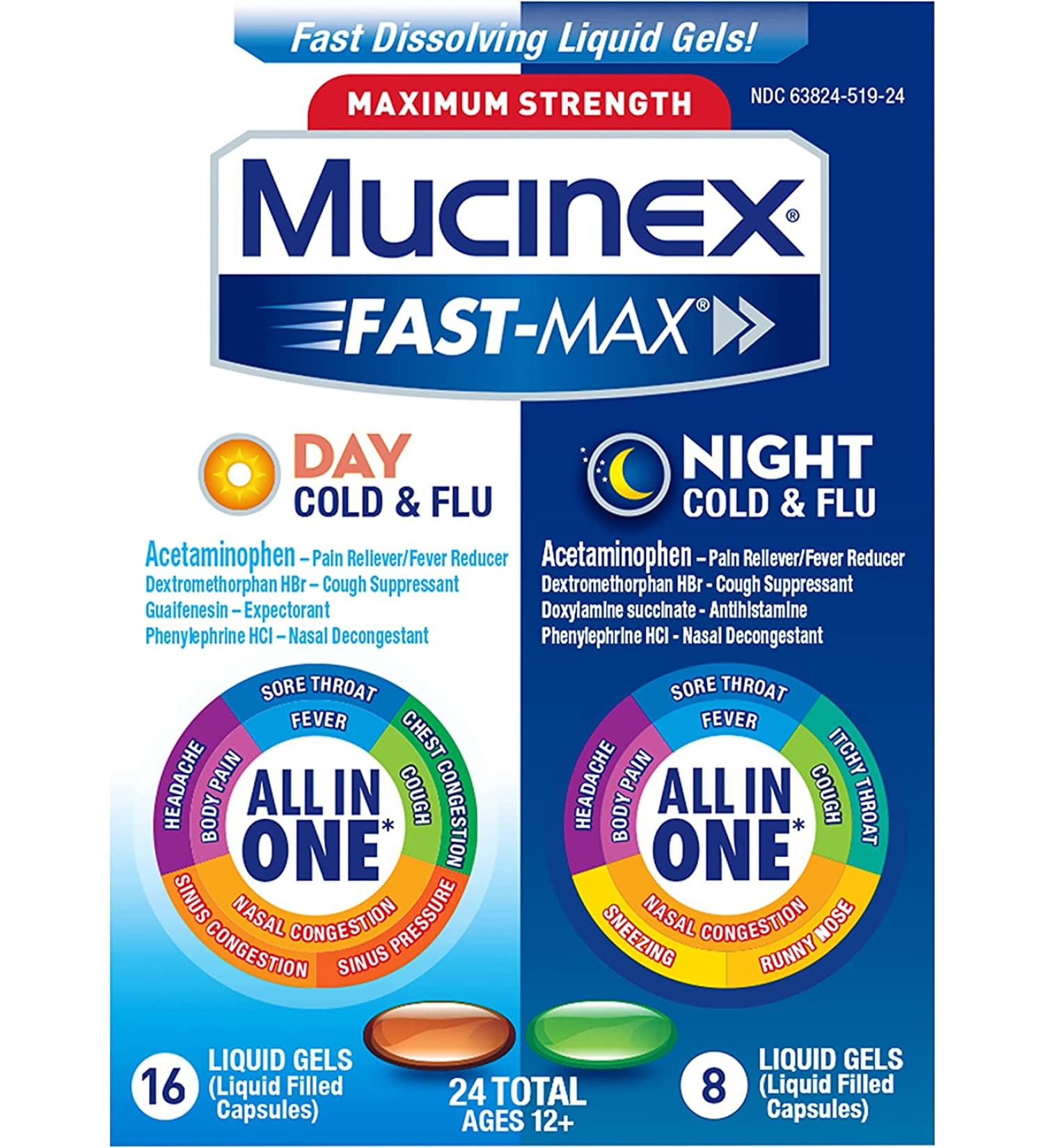 Mucinex Fast-Max Maximum Strength Cold & Flu Medicine - 24 Liquid Gels (Day & Night Relief) - Buy Online on GoSupps.com