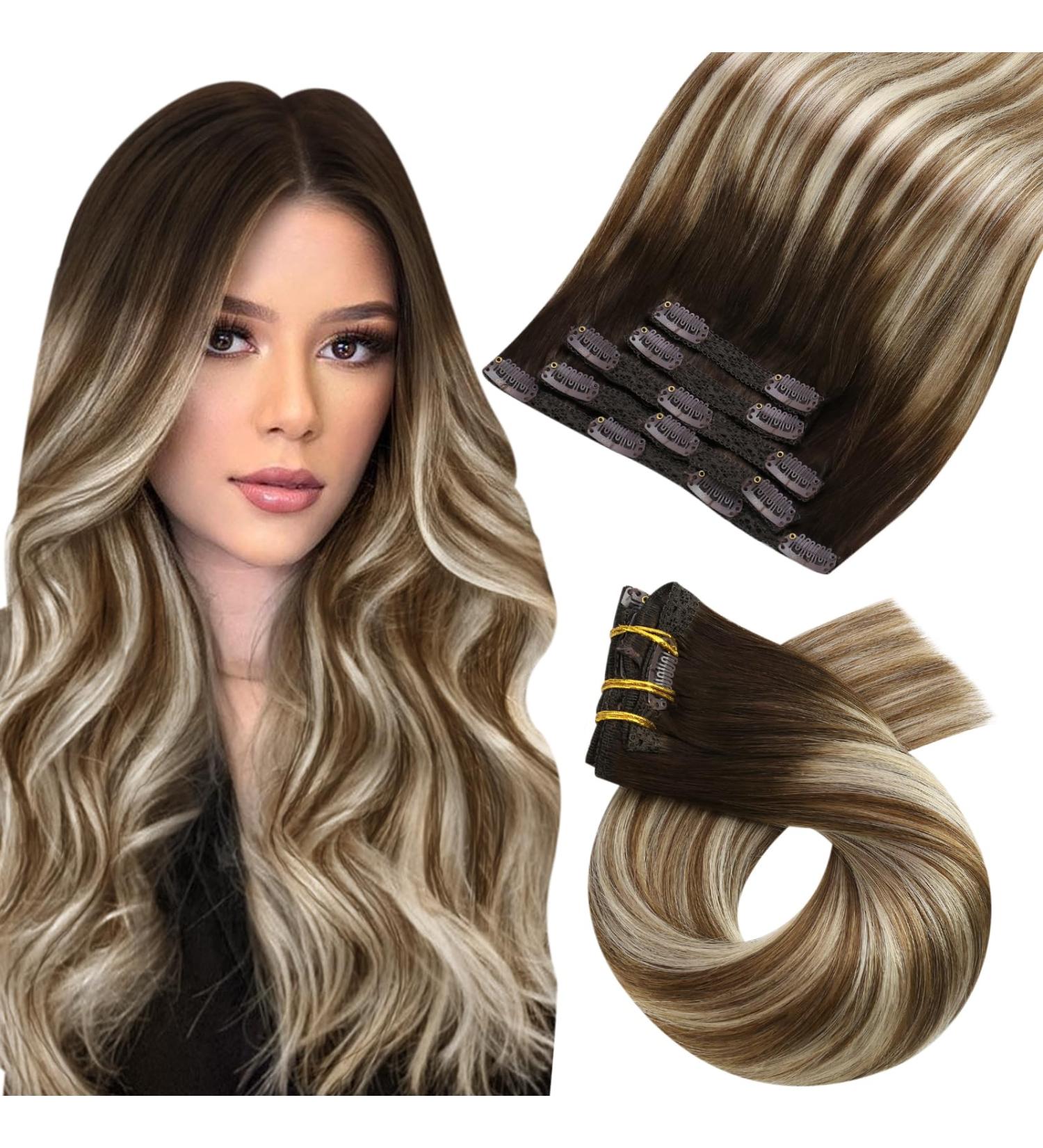 Moresoo 10 Inch Clip in Real Human Hair Extensions #4/6/613 - Dark Brown to Chestnut Brown with Platinum Blonde Highlights - 5 Pcs/70g - Buy Online on GoSupps.com