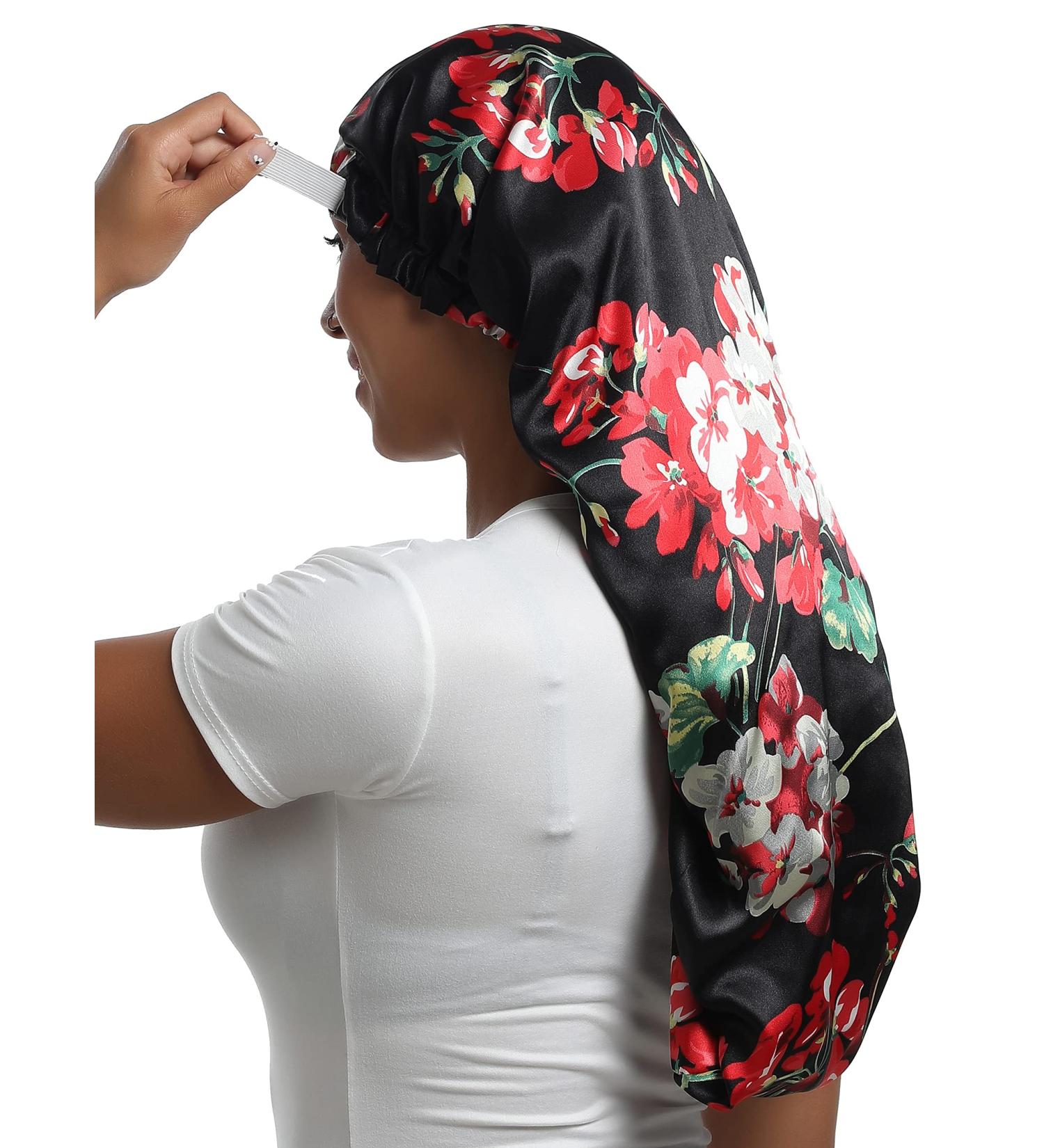 SAYMRE Long Satin Bonnet | Silky Adjustable Sleep Cap for Braids | Black Floral & Pink S/XXL - Buy Online on GoSupps.com