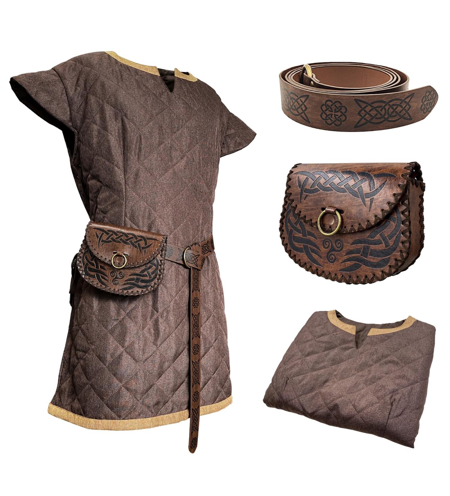 Hiifeueuer Medieval Costume Tunic with Vintage Belt & Bag | Mercenary Knight Armor | Renaissance LARP Cosplay Set for Ren Faire & Halloween (XL Braun) - Buy Online on GoSupps.com