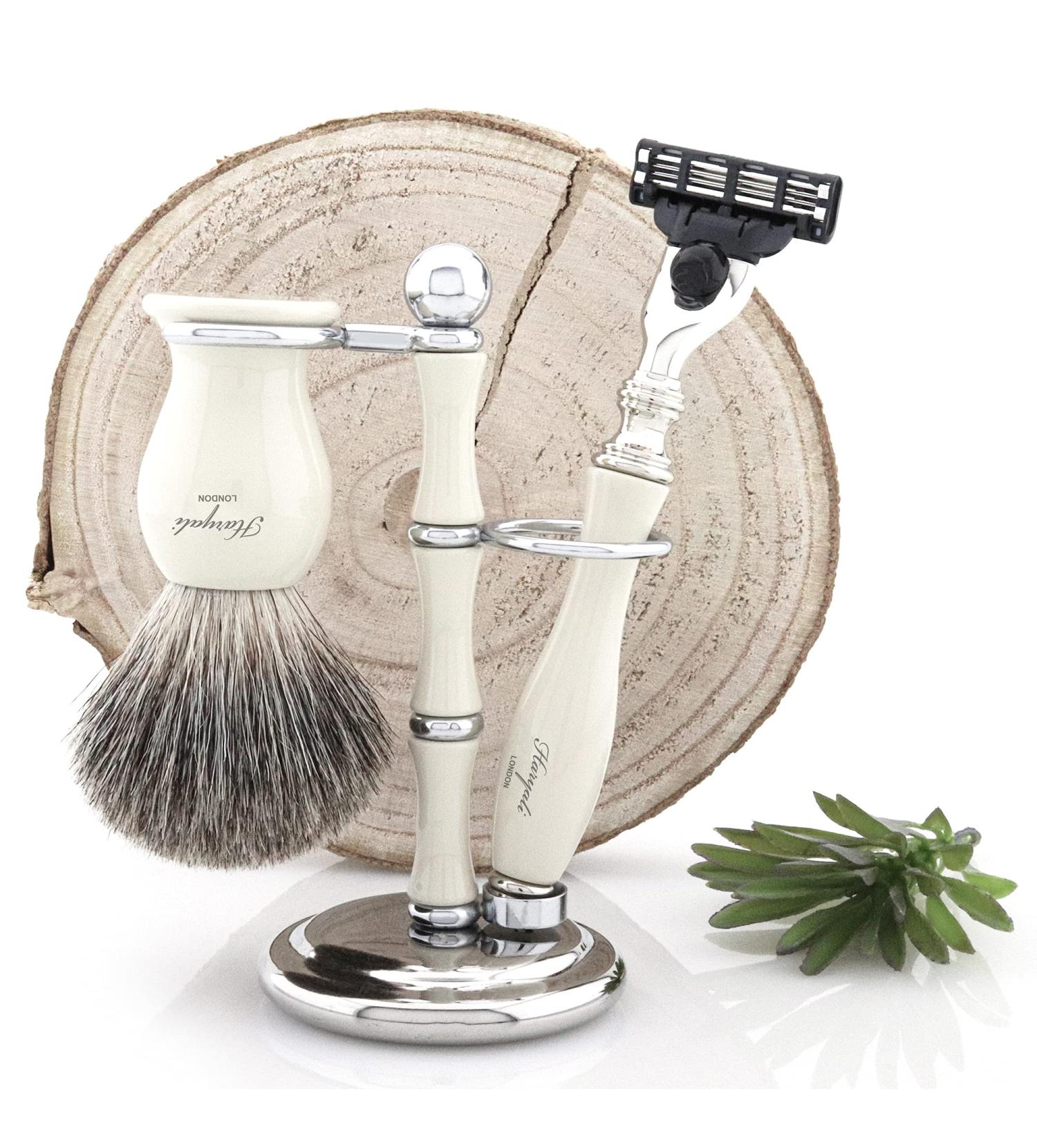 Premium 3-Piece Shaving Kit - Badger Brush & Edge Razor - Perfect Gift Set in White/Ivory - International Shipping Available - Buy Online on GoSupps.com