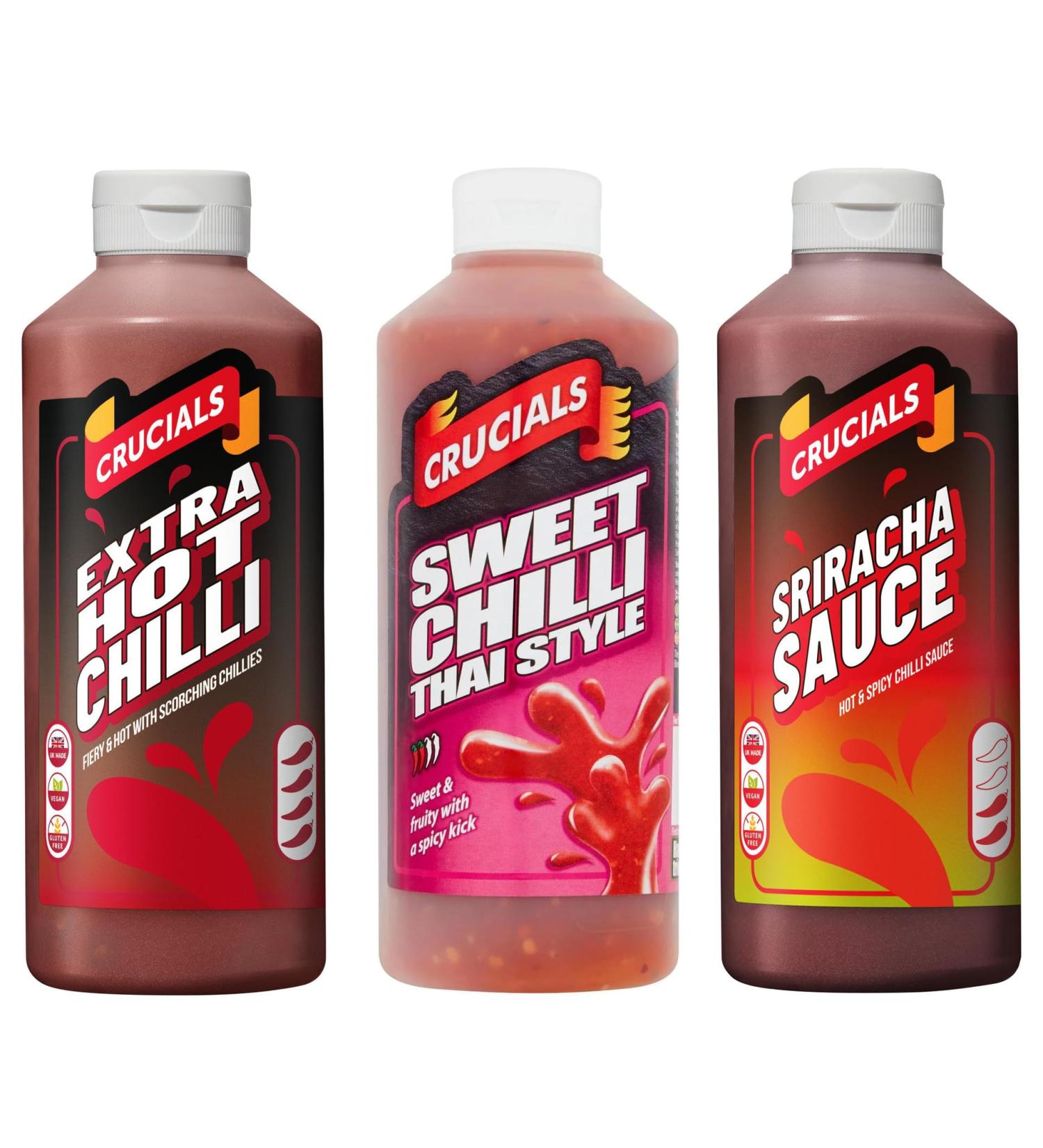 Crucials Chilli Lovers 3 Pack Variety Bundle (3 x 500ml) Thai Chilli Exta Hot Chilli & Sriracha - Buy Online on GoSupps.com
