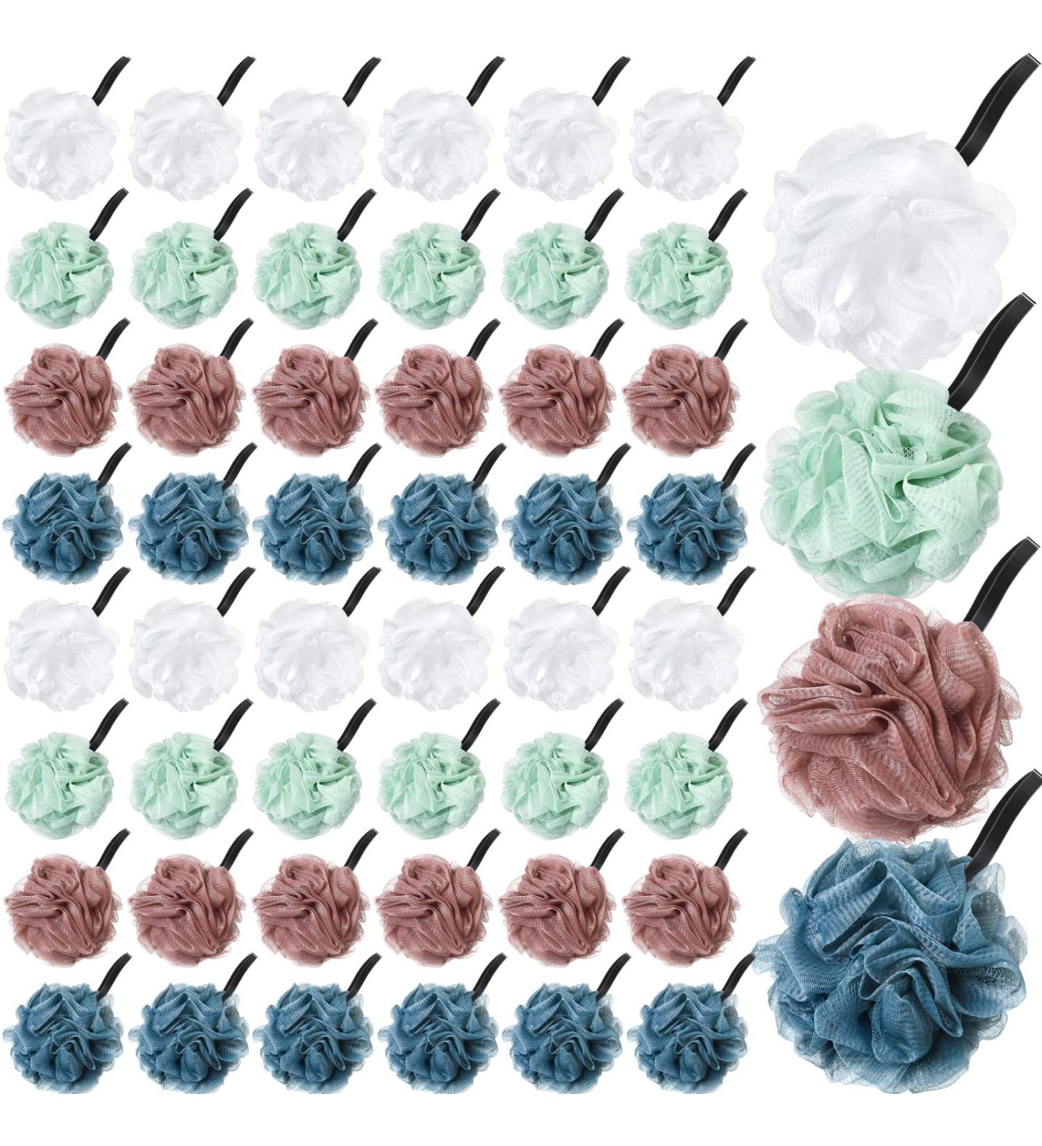 48 Pack Soft Net Body Shower Loofahs | Bath Scrubber Sponge Balls | Exfoliating Pouf for Men and Women (Light Color) - Buy Online on GoSupps.com
