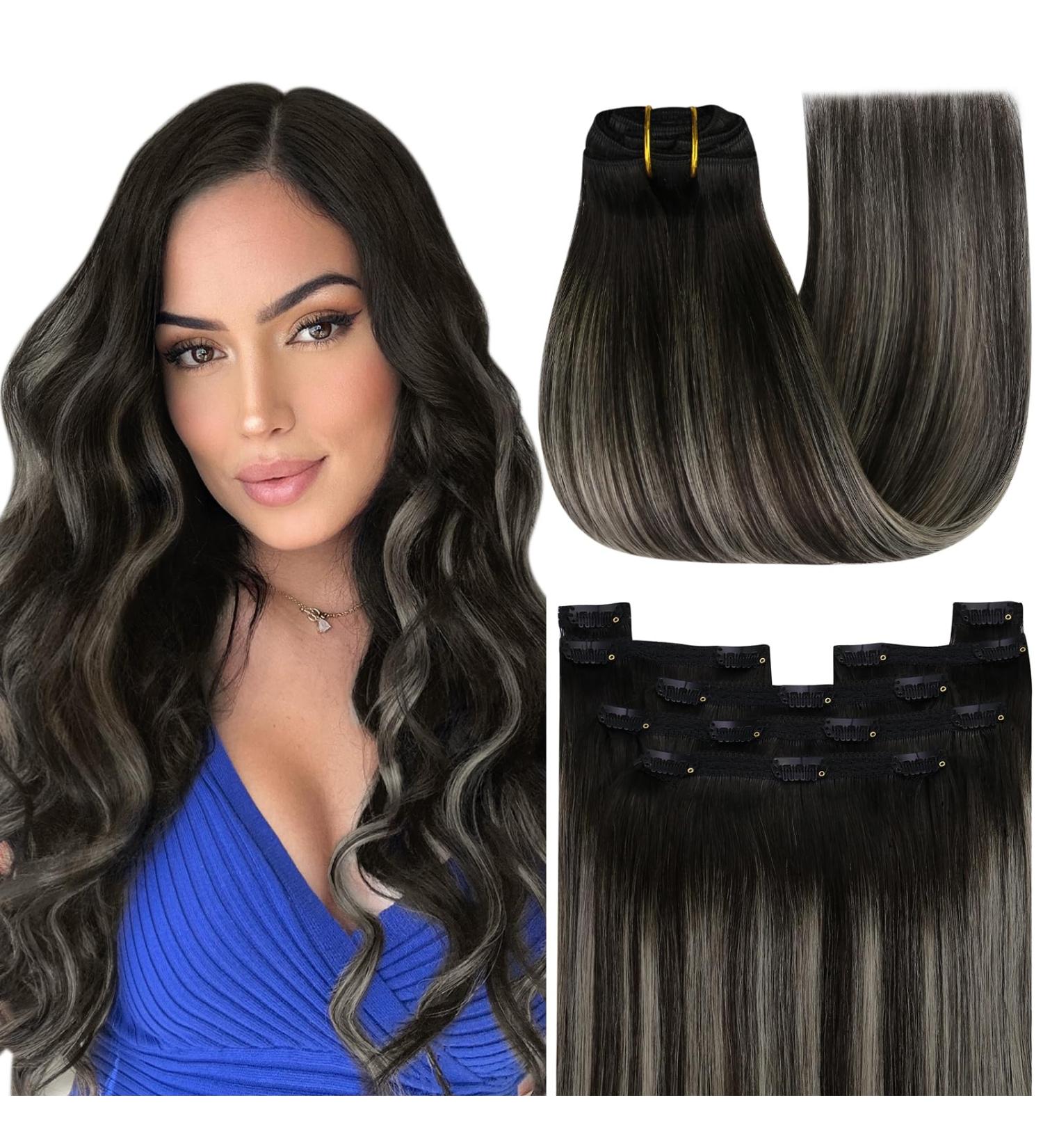 Youngsee Real Hair Clip-In Ombre Extensions - 30 cm Remy Black to Silver - 80g (7 Pcs) #1B/1B & #1B/Silver - Buy Online on GoSupps.com