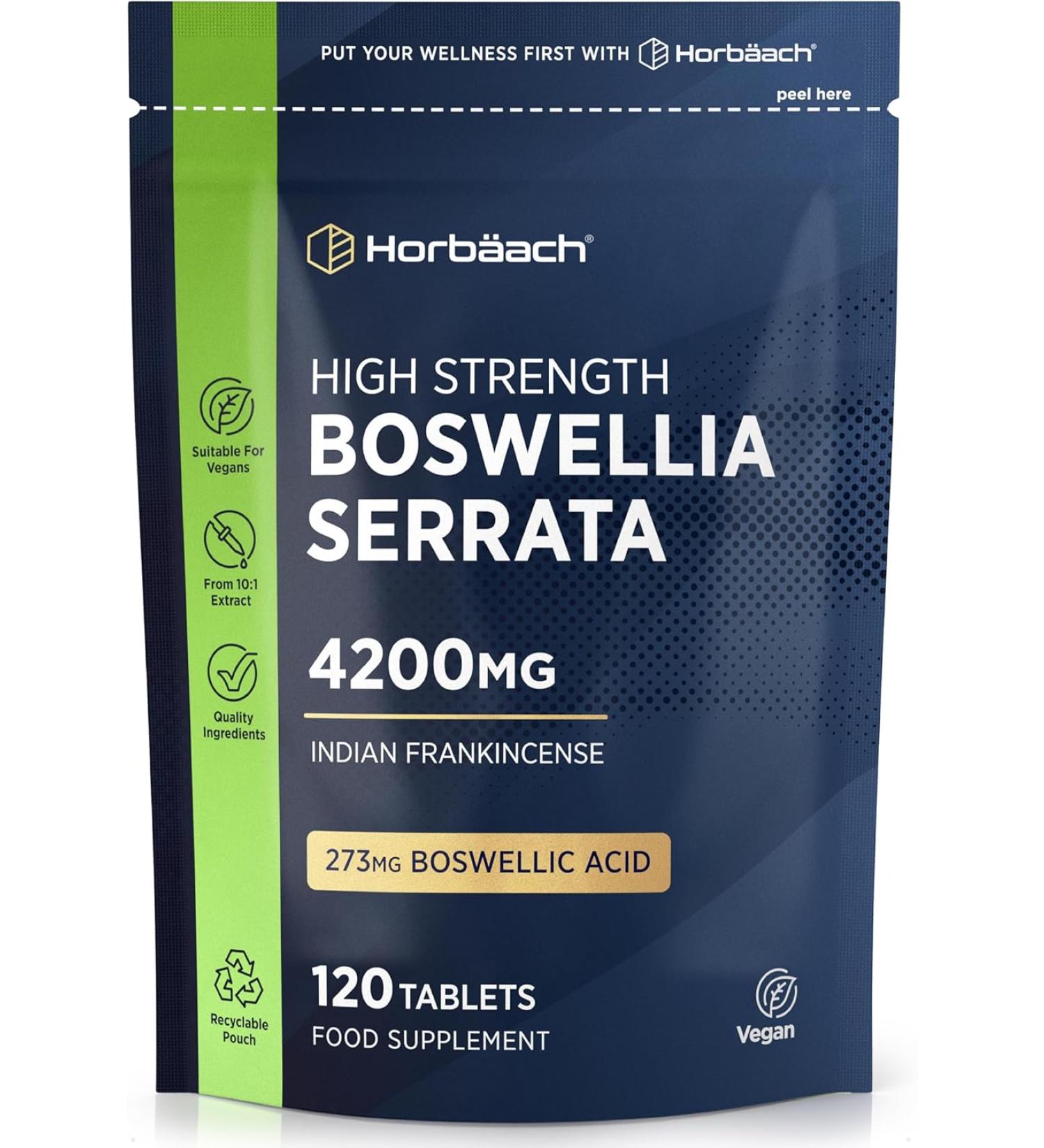 Boswellia Serrata Extract 4200mg | 65% Boswellic Acid | 120 Vegan Tablets | Joint Support & Anti-Inflammatory | Horbaach - Buy Online on GoSupps.com