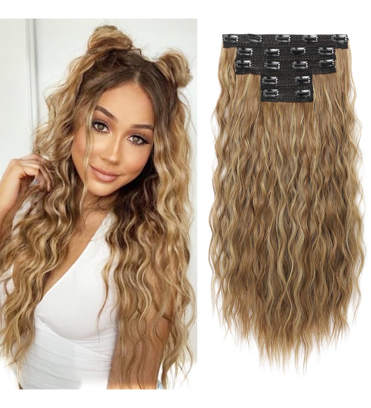 REECHO Clip in Hair Extensions - 5PCS Brown 24 Thick Long Loose Waves HE002 - Invisible Lace Weft Natural Soft Hairpieces for Women - Light Brown with Blonde Highlights - Buy Online on GoSupps.com