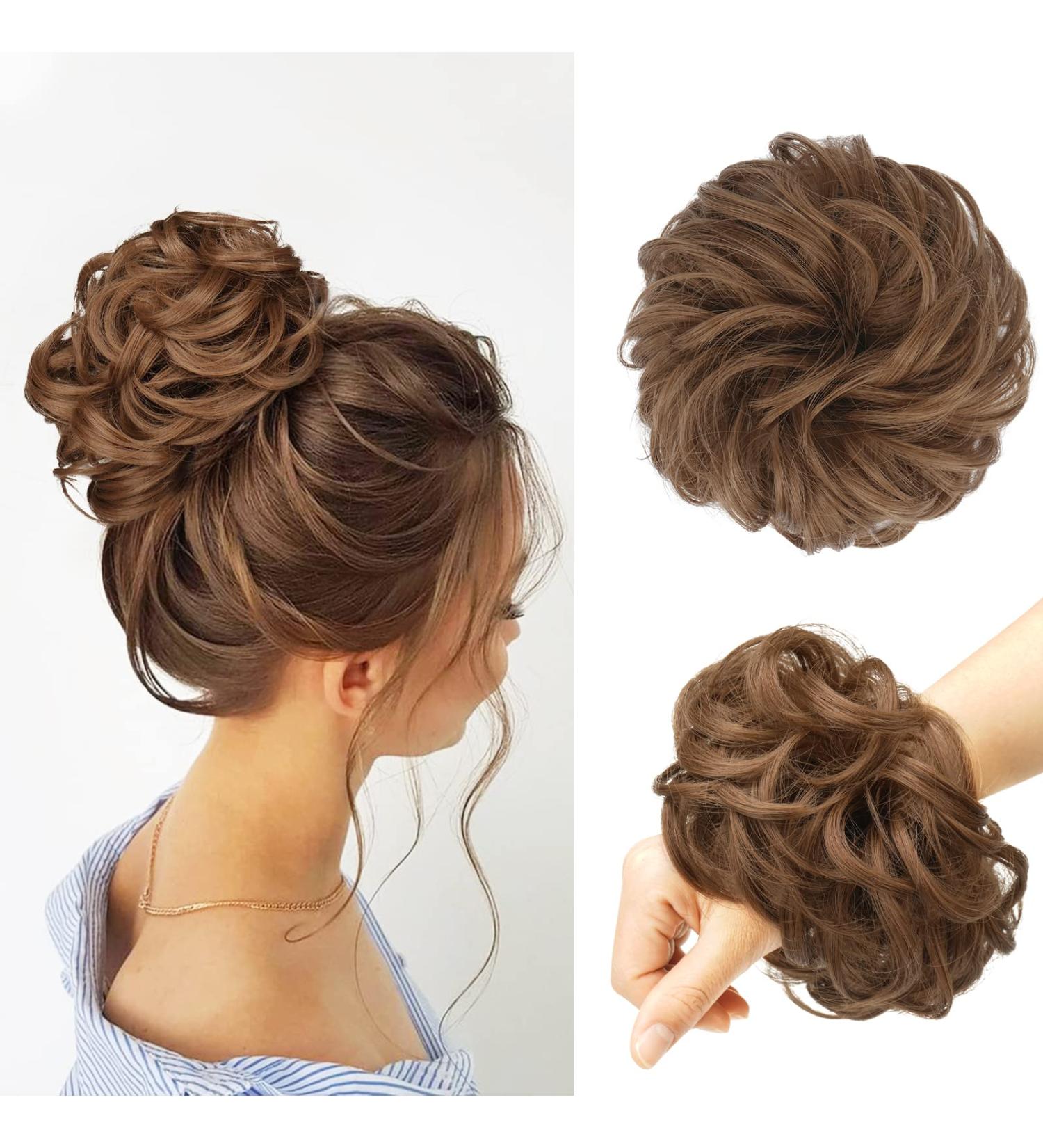 FESHFEN Messy Bun Scrunchie Updo Hairpiece | Synthetic Curly Wavy Hair | Light Golden Brown - Buy Online on GoSupps.com