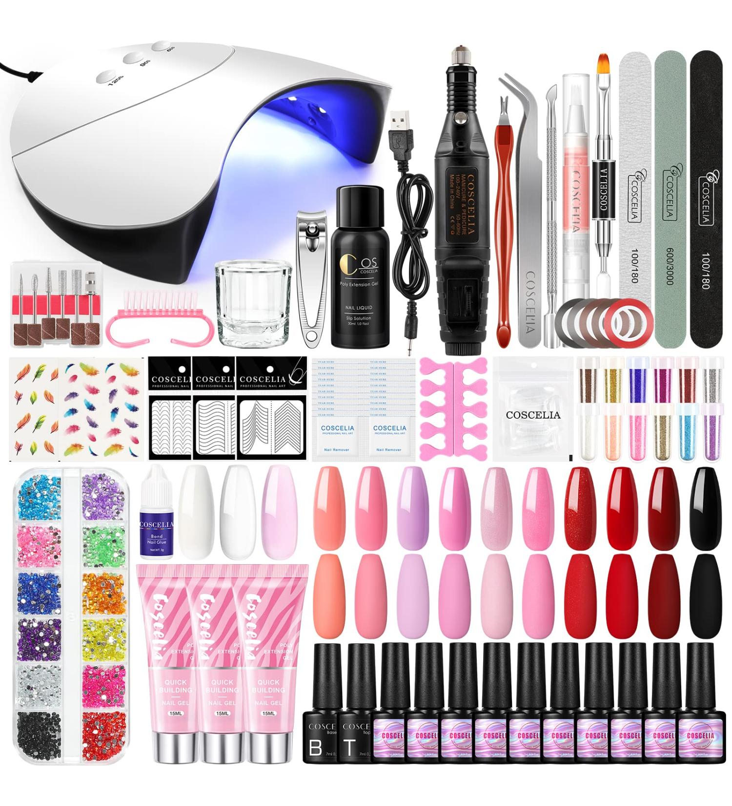 Professional Gel Nail Polish Kit with UV Light, Drill, Poly Extension Gel, Gel Polish, Glitter, Nail Rhinestones - Salon Quality All-in-One Manicure Starter Kit for Women - Buy Online on GoSupps.com