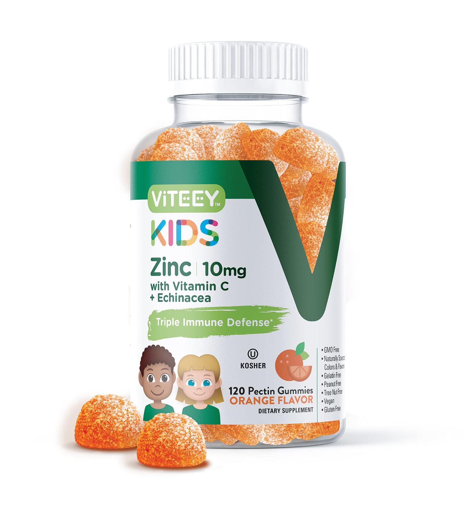 Kid's 3-in-1 Immune Support Gummies | 120 Count Zinc 10MG with Vitamin C & Echinacea | Gelatin-Free, Vegan Pectin Base | Orange Flavor Chewables - Buy Online on GoSupps.com