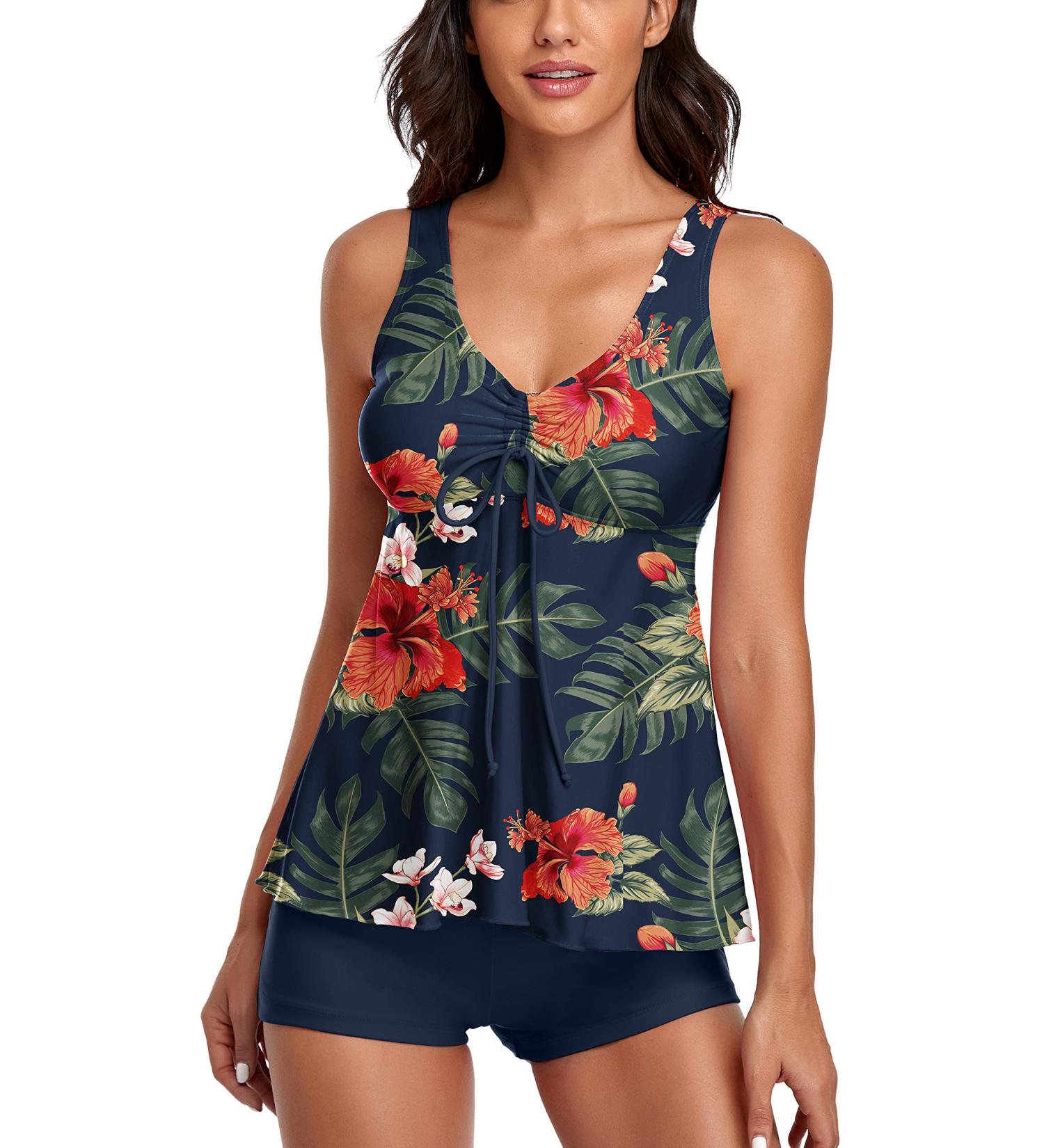 Floral Print Modest Tankini Swimsuit Set with Boyshorts, Tummy Control - Large Navy - Buy Online on GoSupps.com