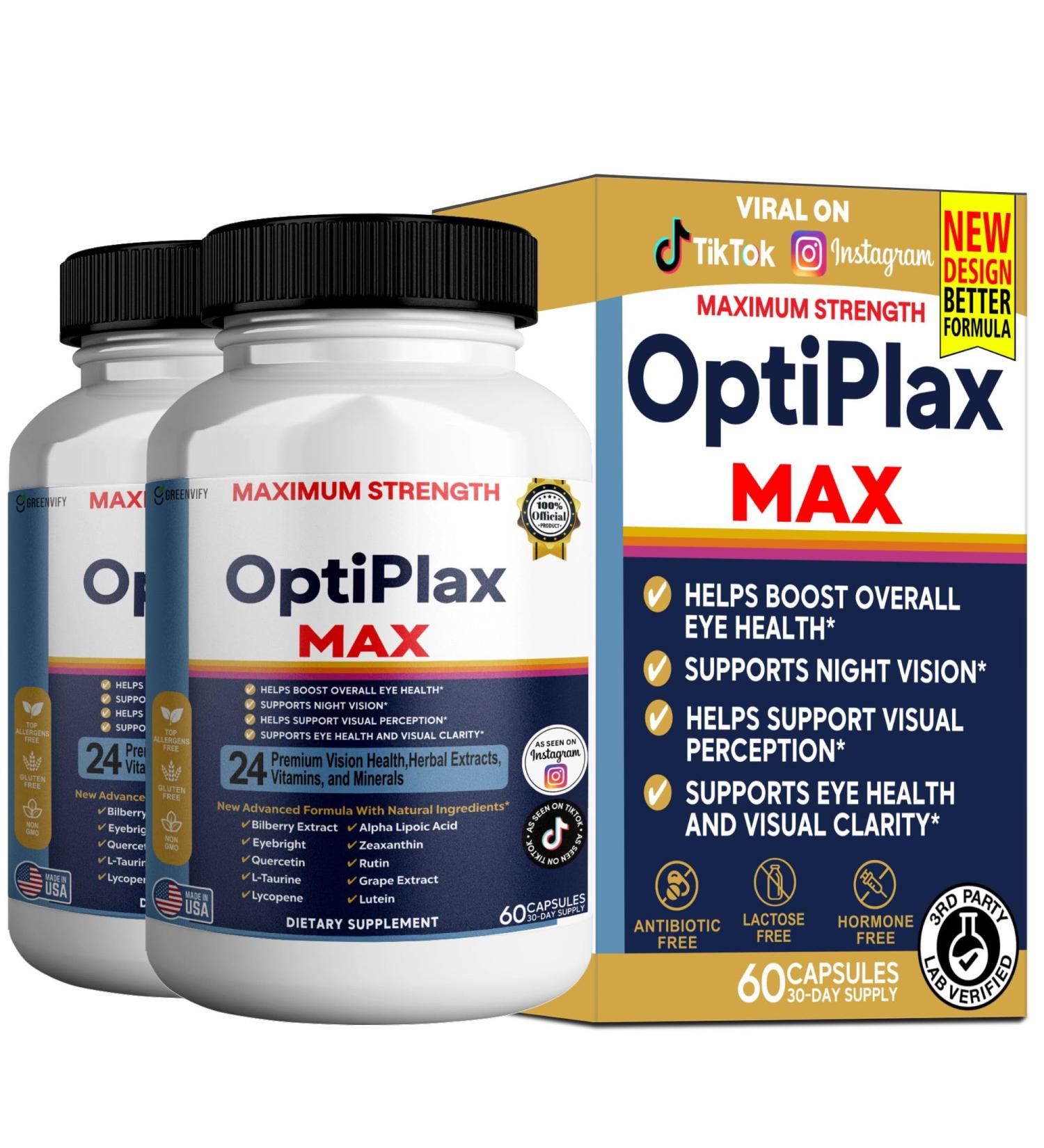 GREENVIFY OptiPlax Max Vision Support Supplement 24 Premium Herbal Extracts Vitamins & Minerals 60 Capsules (2) - Buy Online on GoSupps.com