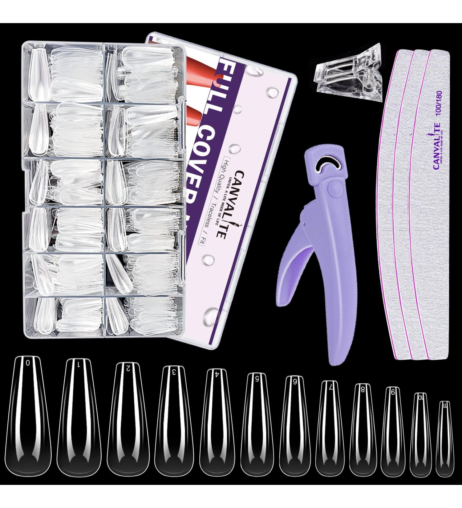 Canvalite Coffin Nail Tips 504 Pcs with Acrylic Nail Clippers and Files - Professional Clear Full Cover Ballerina Fake Nails for Nail Salons and DIY Nail Art - 12 Sizes - Buy Online on GoSupps.com