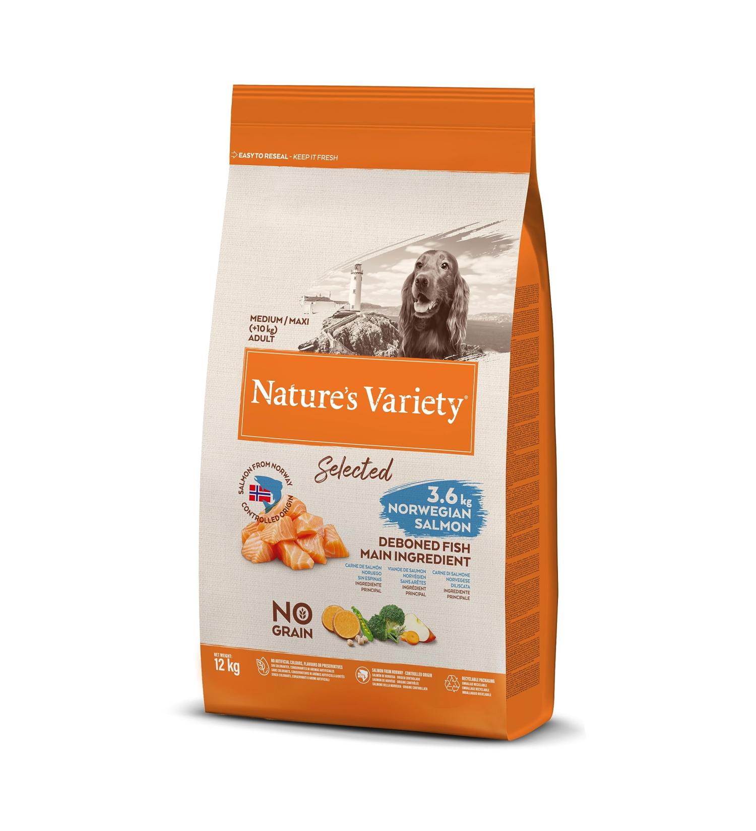 Nature's Variety Selected - Dry Dog Food for Medium and Large Breed Adult Dogs - Grain Free - with Boneless Norwegian Salmon - 12kg - Buy Online on GoSupps.com