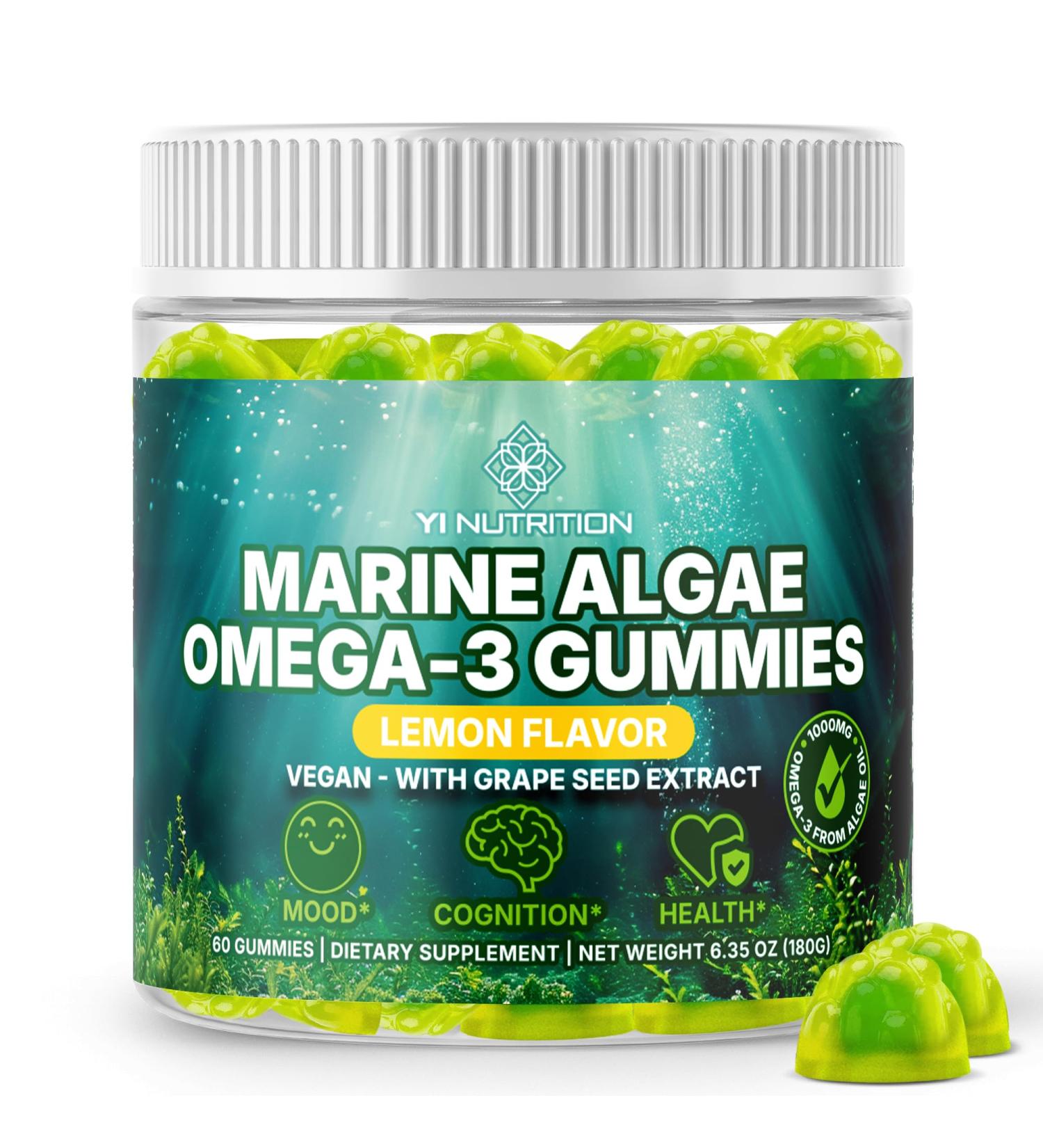 Marine Algae Omega 3 Gummies with 3400mg+ | DHA/EPA/ALA 20:1 Grape Seed Extract Vitamin C & Folate | Heart Brain & Skin | Plant-Based Sugar-Free 60 Ct - Buy Online on GoSupps.com