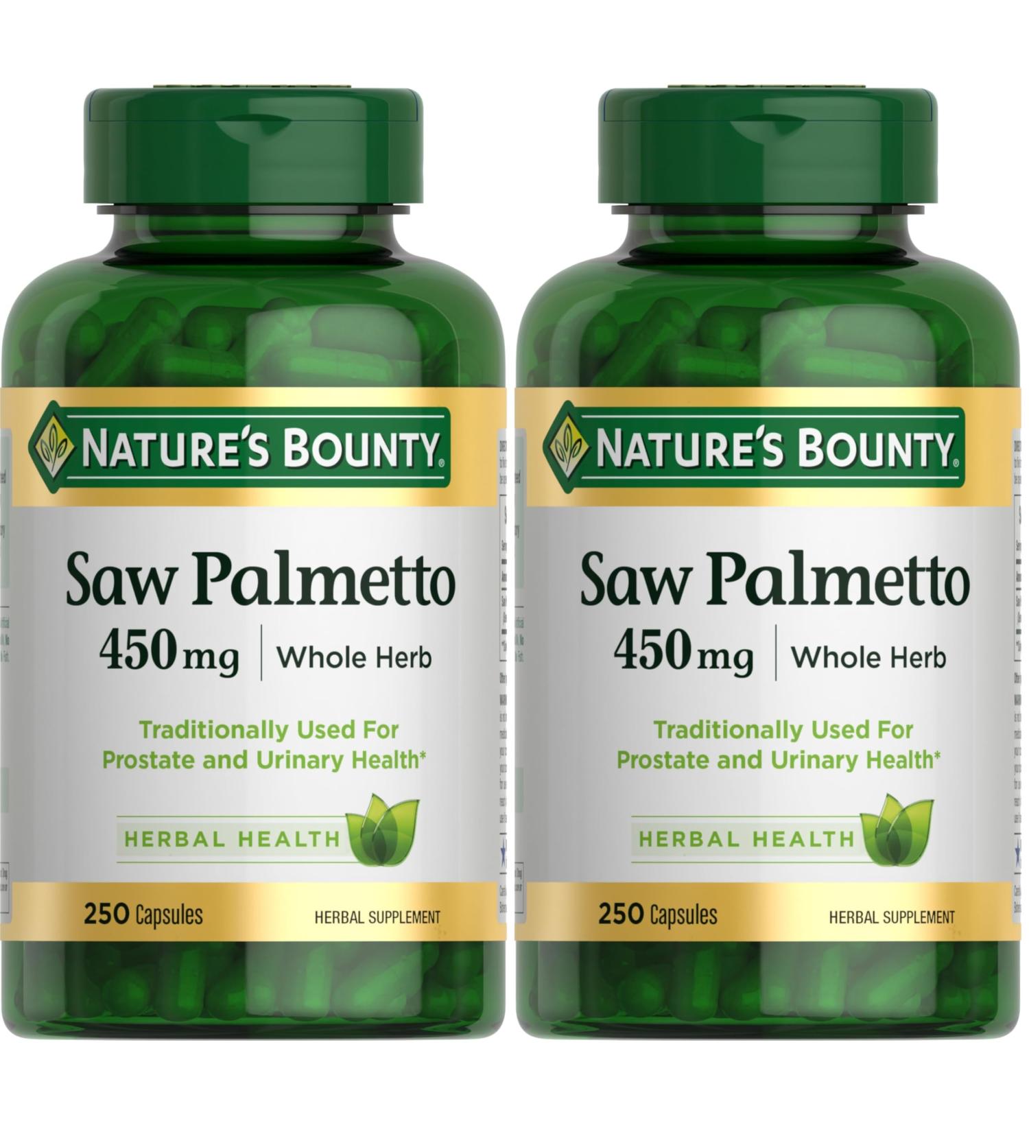 Nature's Bounty Saw Palmetto Support for Prostate and Urinary Health Herbal Health Supplement 450mg 250 Capsules (Pack of 2) - Buy Online on GoSupps.com