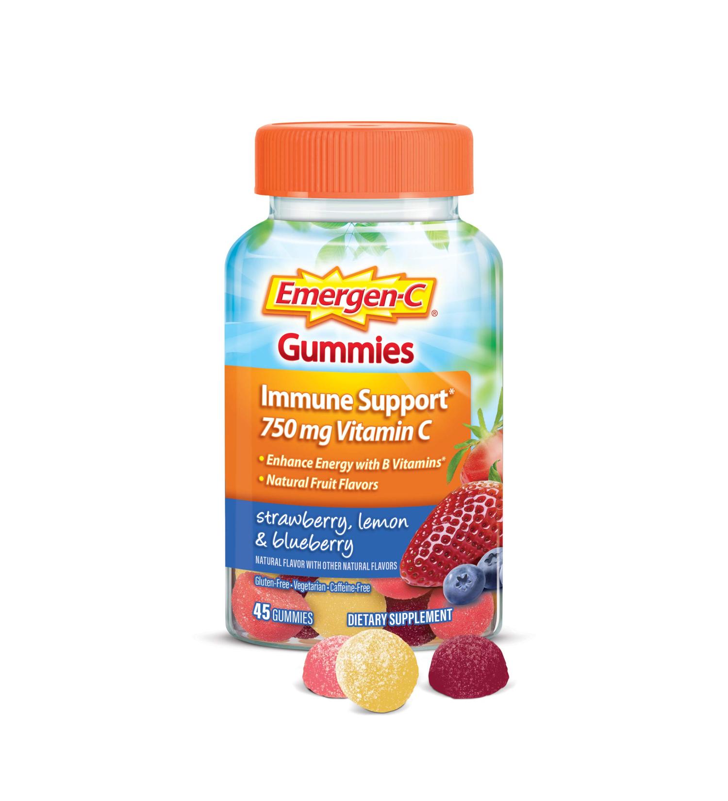 Emergen-C 750mg Vitamin C Immune Support Gummies - Gluten Free - Strawberry, Lemon & Blueberry Flavors - 45 Count Pack - Buy Online on GoSupps.com