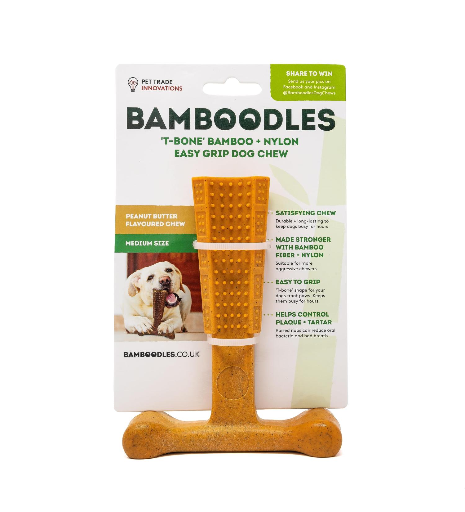 Bamboodles Peanut Butter T-Bone Dog Chew Toy - Medium | Durable & Natural Chew for Dogs - Buy Online on GoSupps.com
