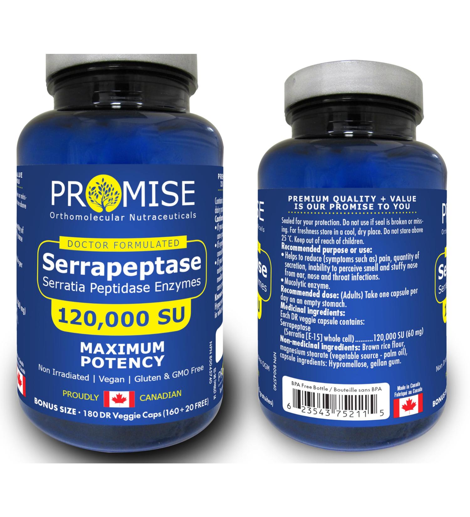 180 DR vcaps Promise Serrapeptase (Serratia Peptidase Enzymes) 120 000 SU MAXIMUM POTENCY Natural Pain Relief Made in Canada - Buy Online on GoSupps.com