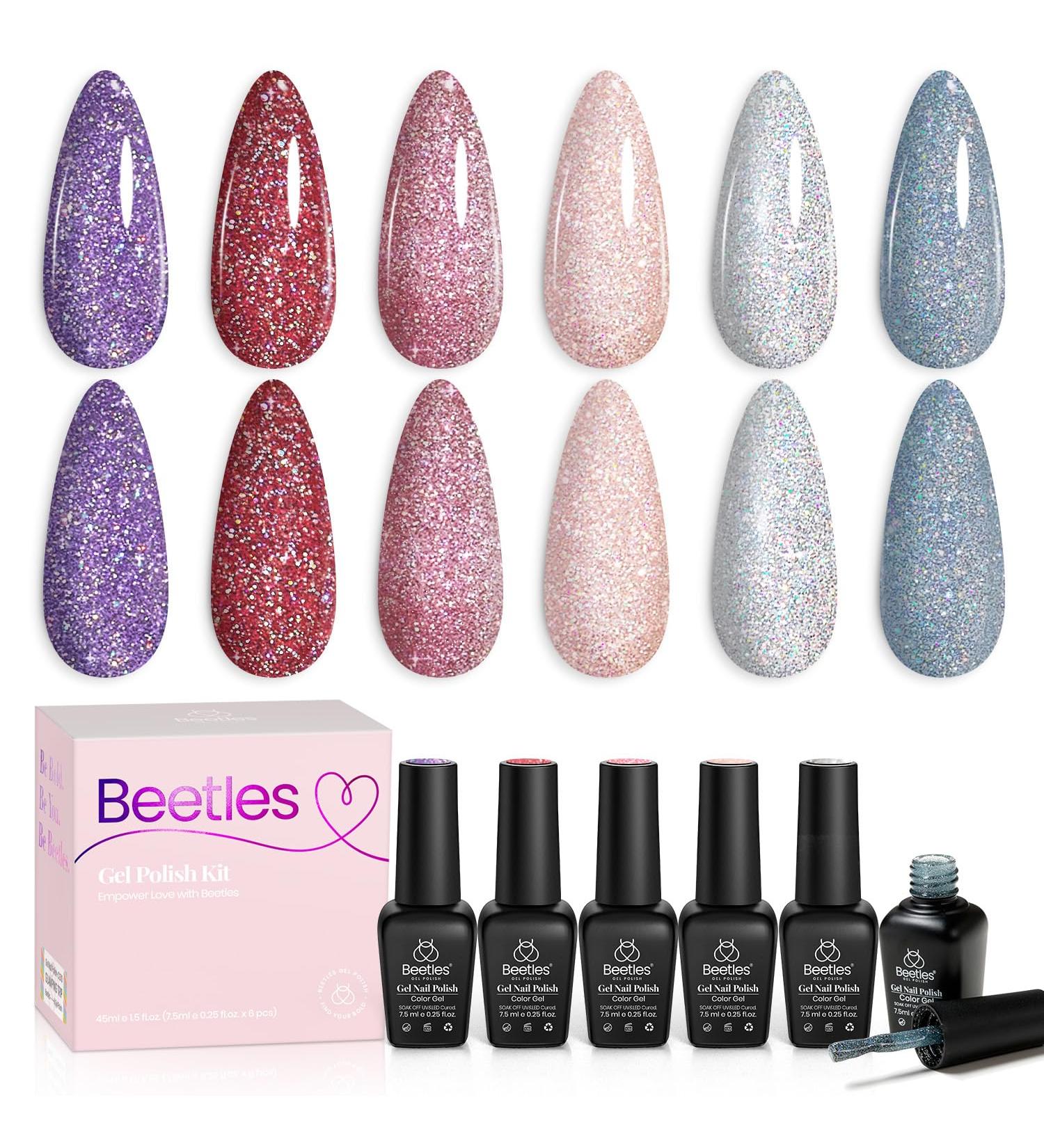 Beetles 6 Colors Gel Nail Polish Kit | Pink Silver Glitter | Soak Off Shining Gel | Nail Lamp Cured Manicure | Among the Stars - Buy Online on GoSupps.com