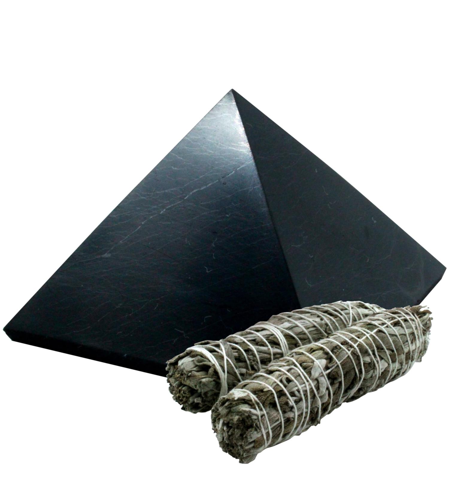 Heka Naturals Polished Shungite Pyramid - Chakra Healing Gemstone for Negative Energy Protection | 8cm + Sage Included - Buy Online on GoSupps.com