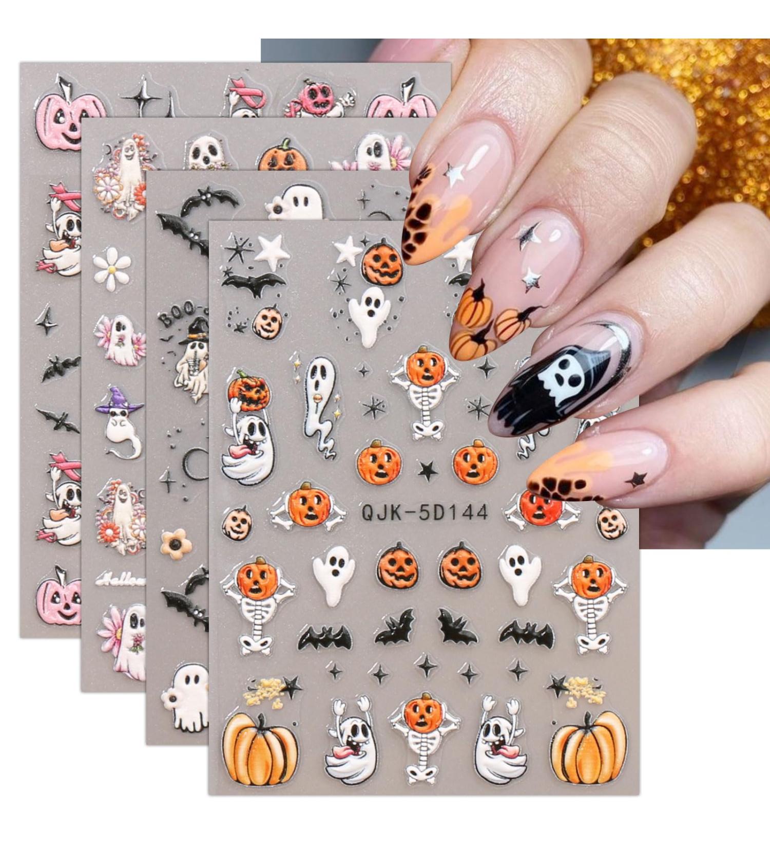 JMEOWIO 3D Embossed Halloween Nail Art Stickers Decals Self-Adhesive 5D Cute Yellow Star Ghost Pumpkin Nail Supplies Nail Art Design Decoration Accessories 4 Sheets - Buy Online on GoSupps.com
