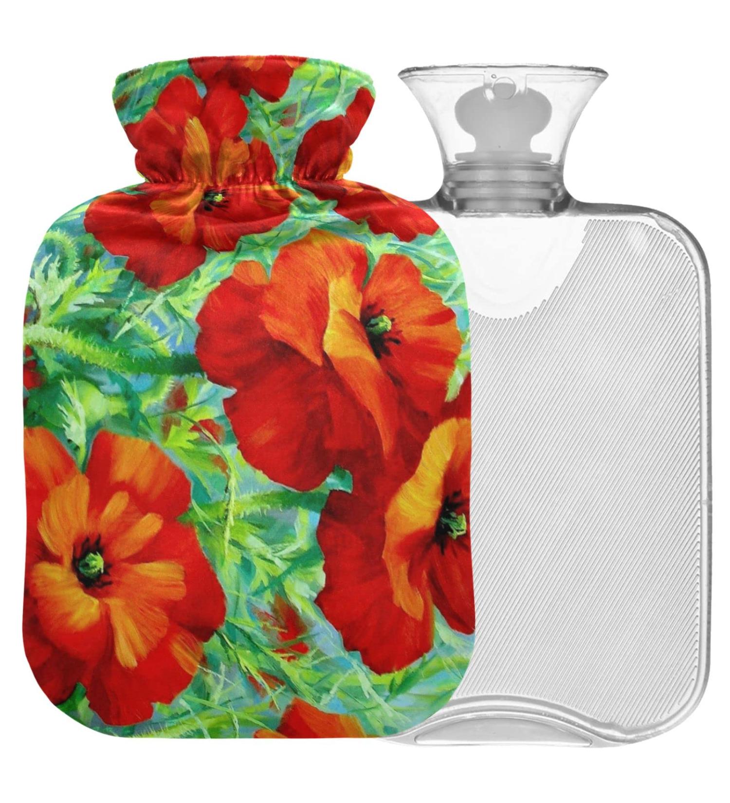 NAANLE 1L Hot Water Bottle with Lid | Transparent Poppy Flower Design | Menstrual Cramps Relief & Heat Therapy - Buy Online on GoSupps.com