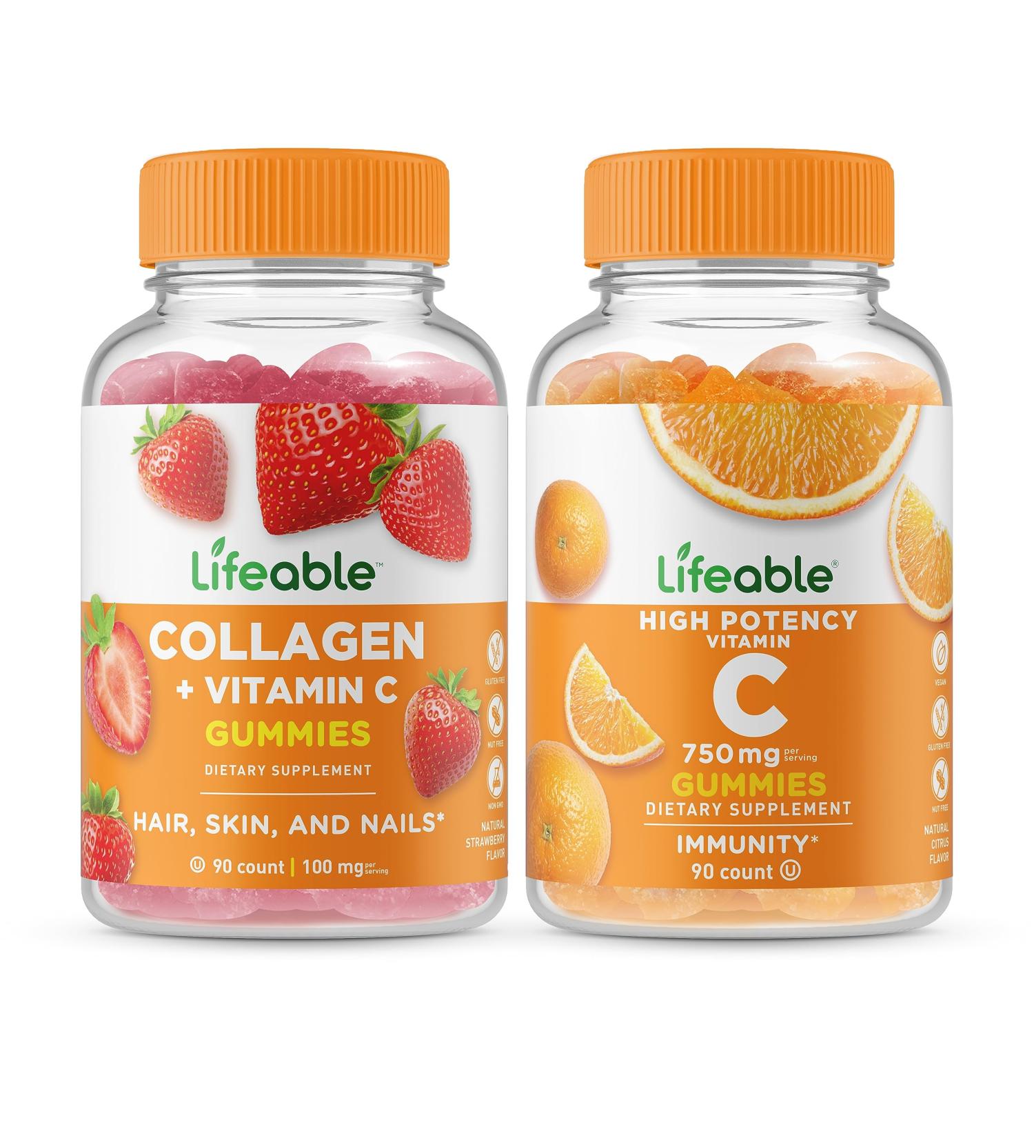 Lifeable Collagen & Vitamin C + Vitamin C 750mg Gummies Bundle - Great Tasting Vitamin Supplement Gluten Free GMO Free Chewable Gummy - Buy Online on GoSupps.com