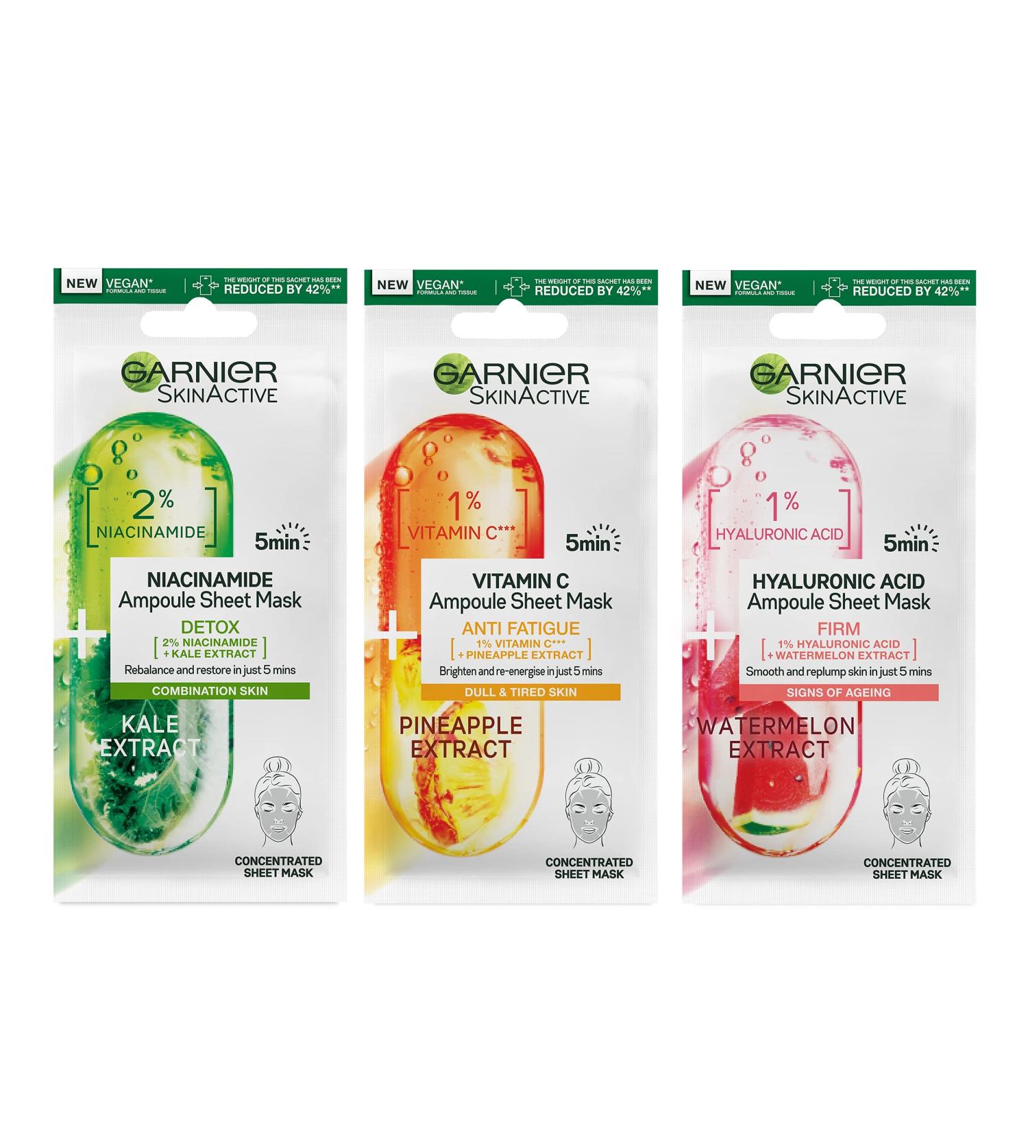 Garnier Ampoule Sheet Masks Set Of 3 - 1% Vitamin Cg + Pineapple To Brighten Skin 1% Hyaluronic Acid + Watermelon To Replump Skin 2% Niacinamide + Kale To Rebalance Oily Skin Fast Action 5 mins. - Buy Online on GoSupps.com