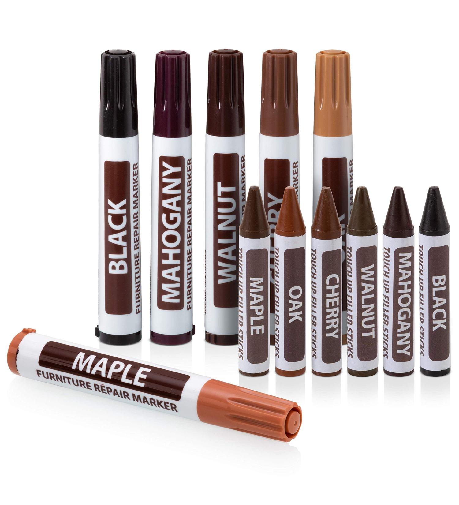 Furniture Markers Touch up  12 Piece Furniture and Wood Floor Markers and Crayons Repair Kit - 6 Felt Tip Wood Markers  6 Wax Crayons in Black  Maple  Oak  Cherry  Walnut and Mahogany - By Rampro Set of 12 - Buy Online on GoSupps.com