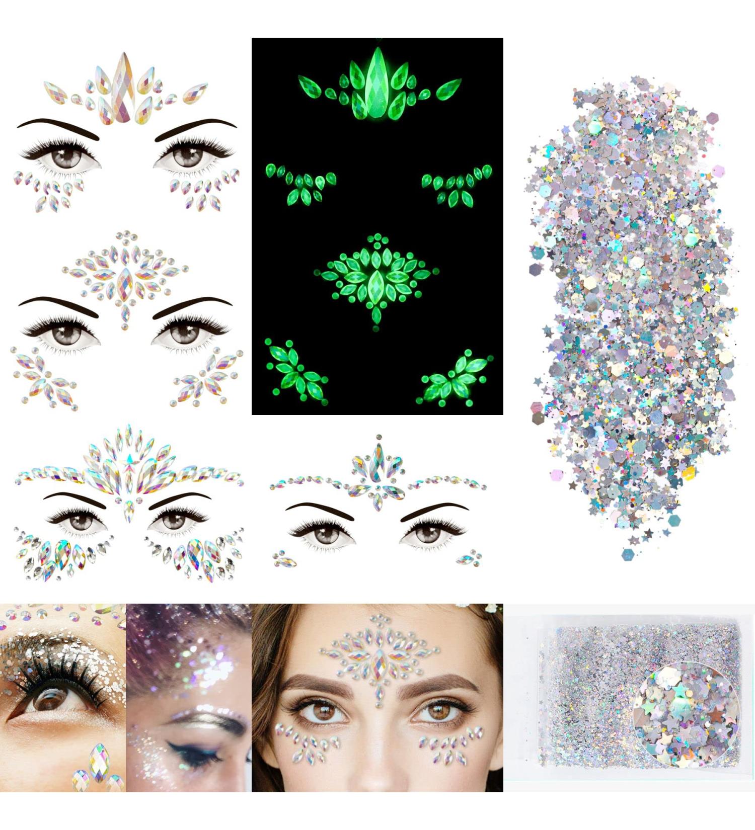 Euphoria Face Jewels Gems + Chunky Glitter Stickers - Luminous Rhinestones for Festivals, Raves, Cosplay - Halloween Glow in The Dark Silver Glitter - 4 Sheets + 10g - Buy Online on GoSupps.com