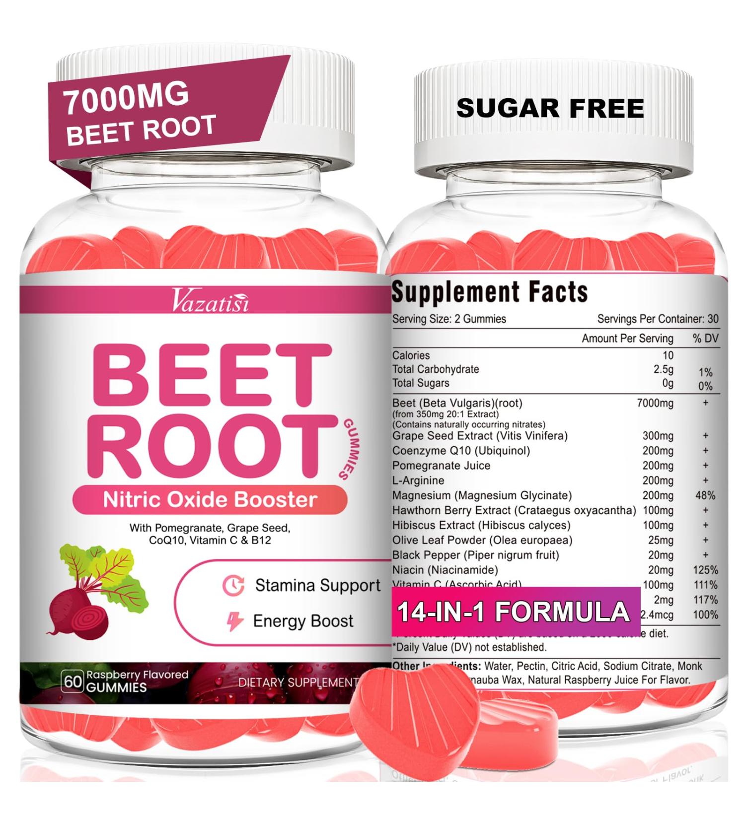 Beet Root Gummies 7000MG Nitric Oxide Beetroot Gummies with Coq 10, Grape Seed, Pomegranate for Circulation & Energy Support Vegan, Non-GMO, 120 Beet Chews 60 Count (Pack of 2) - Buy Online on GoSupps.com