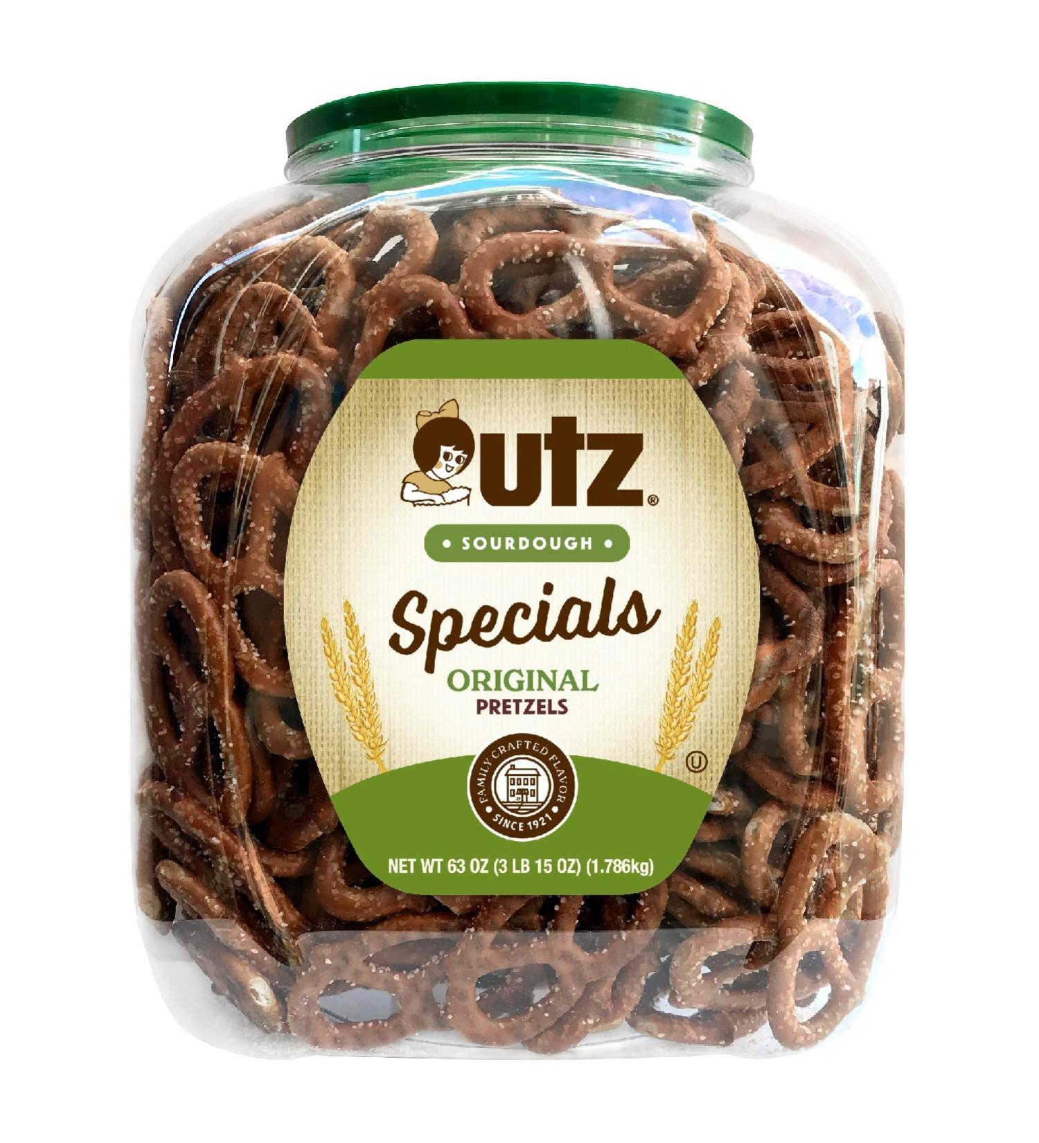 Utz Sourdough Specials Pretzels 63 oz Barrel - Classic Knot with Rich Sourdough Flavor | Resealable Container | Tasty Party Snack | Zero Cholesterol - 3.93 Pound - Buy Online on GoSupps.com