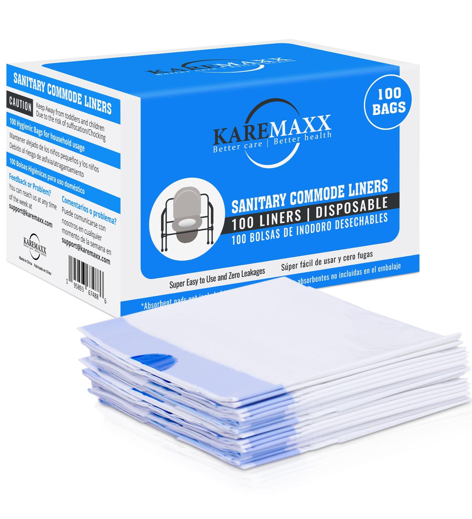KAREMAXX Commode Liners Disposable 100 Pack - Leak Proof Portable Toilet Bags for Adults - Strong Drawstring, Clean & Hygienic Experience - No Absorbent Pads - Universal Fit - Buy Online on GoSupps.com
