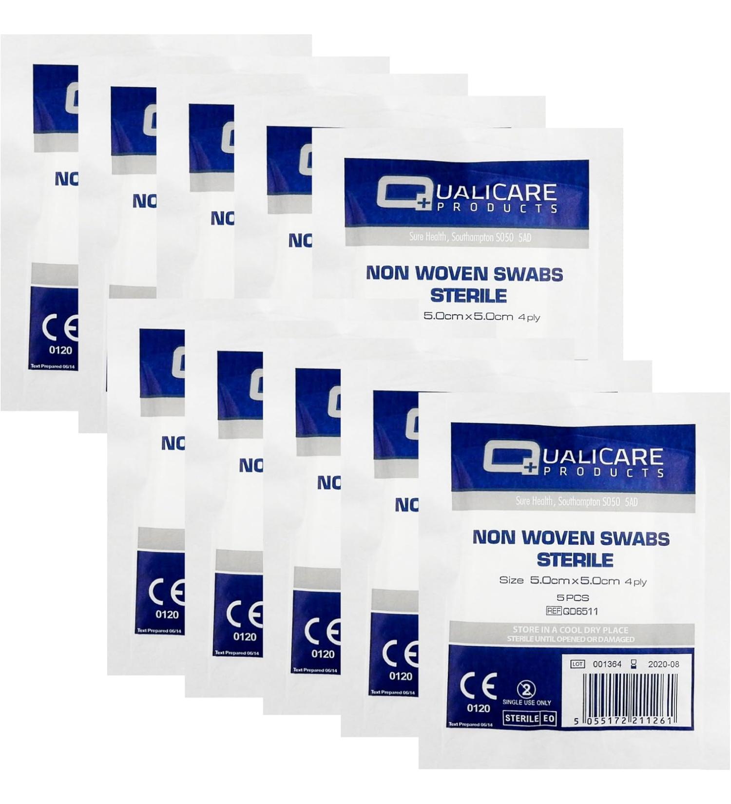 Qualicare None Woven 4PLY Sterile Gauze Medical Swabs Single 5cm x 5cm Sqaure 5 Swabs Pack 10 - Buy Online on GoSupps.com