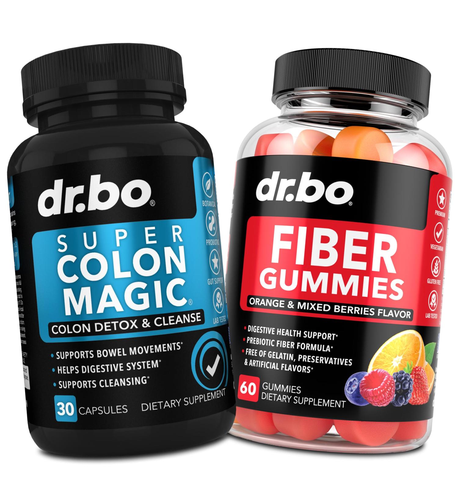 DR. BO Fiber Gummies & Colon Cleanse Supplements - Tasty Gummy Prebiotic Fiber Supplement - Super Colon Magic Bowel Movement Support for Gut & Stomach Cleansing - Buy Online on GoSupps.com
