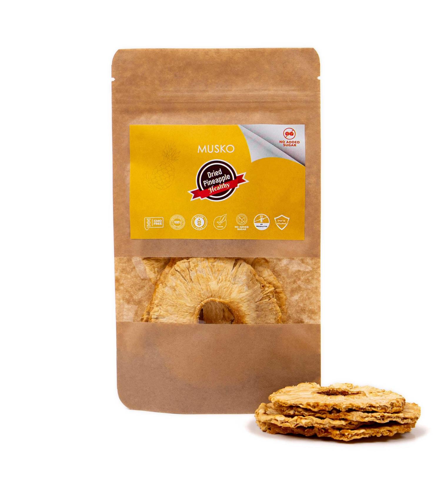MUSKO Premium Dried Pineapple 70g | Sun Dried & Dehydrated | No Added Sugar | Vegan & Gluten Free | 100% Natural & Preservative Free | Delicious & Healthy Snack - Buy Online on GoSupps.com