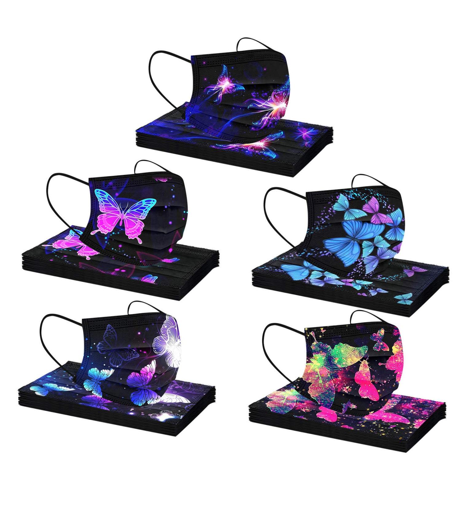 50Pc Disposable Black Face Masks with Colorful Butterfly Prints for Adults - 3-Ply Breathable Filter Protection in Multicolor - Buy Online on GoSupps.com