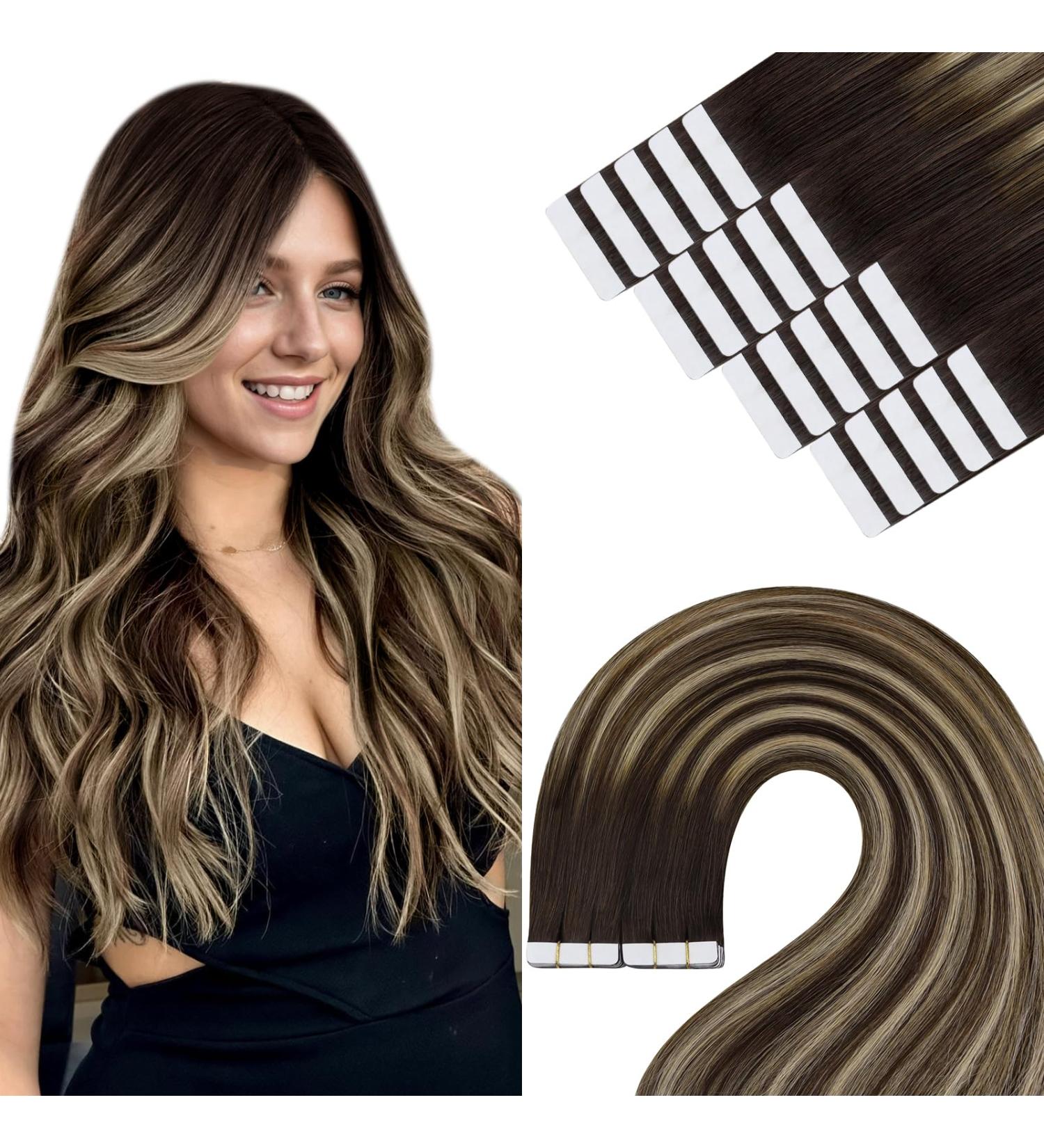 Youngsee Ombre Tape Extensions - Real Hair 35cm Balayage Extensions - Dark Brown & Ash Blonde Seamless Tape-in Hair Extensions for Women - 50g #4/18/4 - Buy Online on GoSupps.com