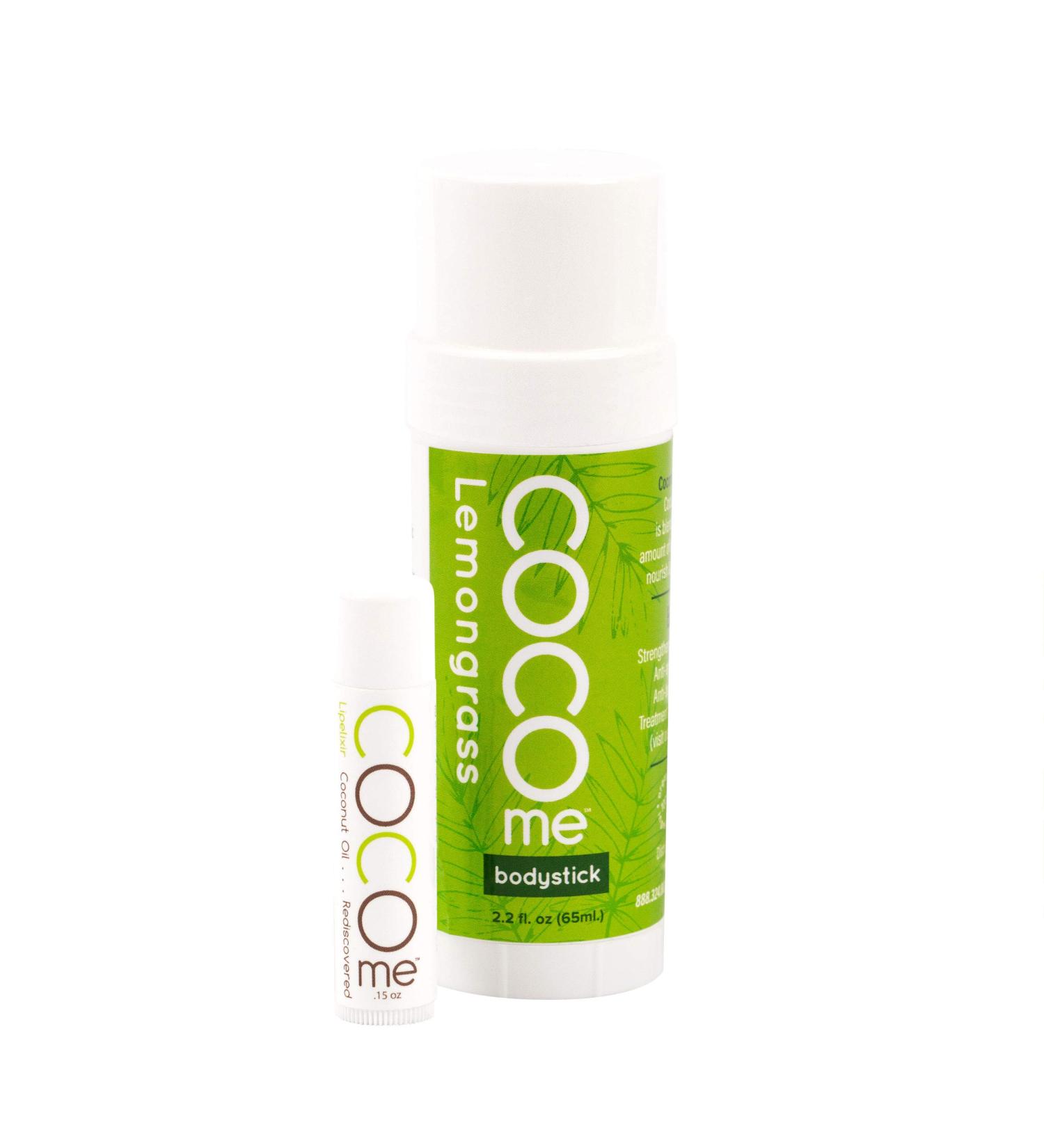 Coco Me - Organic Moisturizing Lemongrass Body Stick and Lip Balm Duo - Virgin Coconut Oil and Anti-Aging Beeswax for Skin Repair and Protection. Dermatologist Recommended.