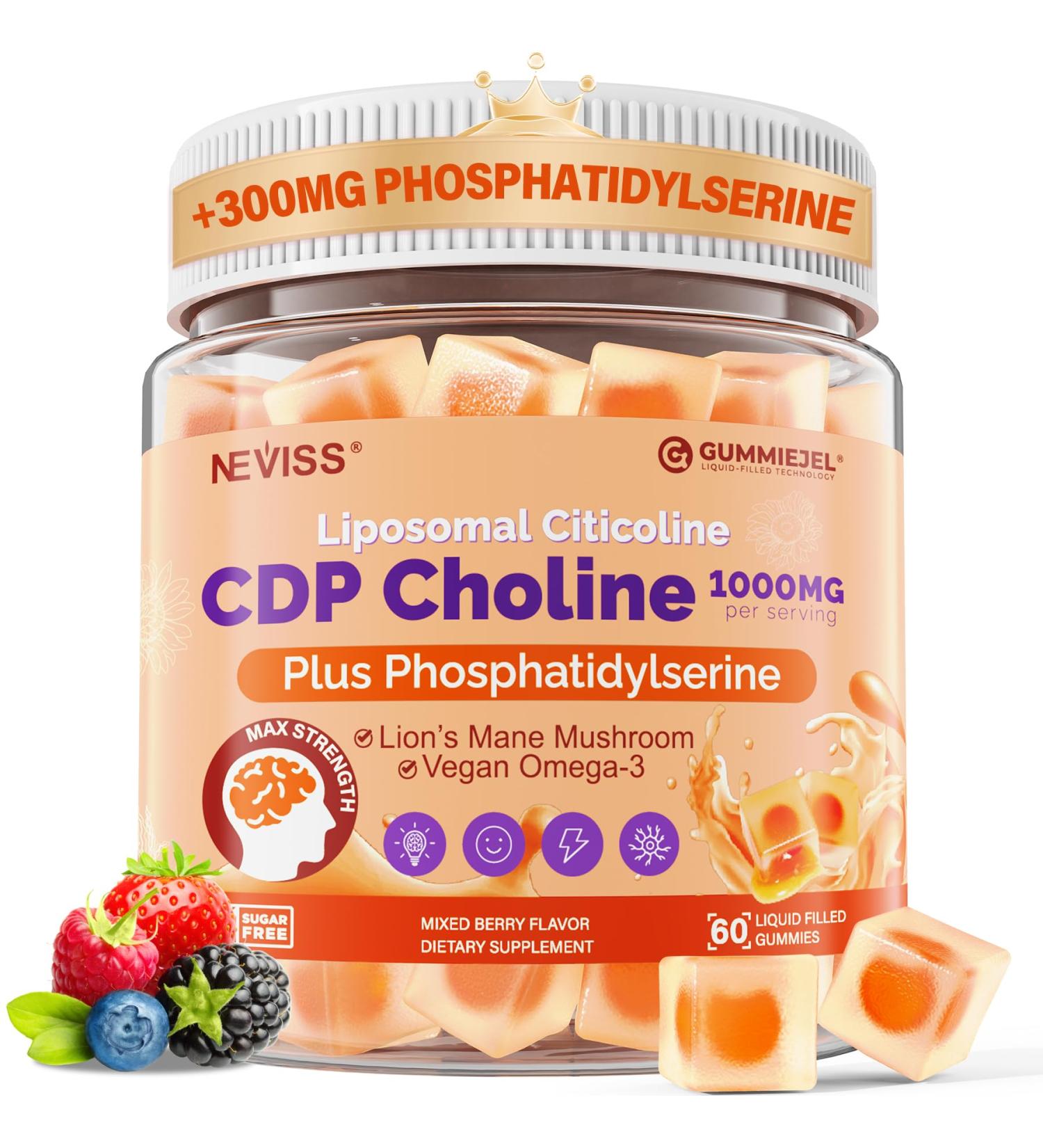 Citicoline 1000mg, CDP Choline Gummies & Phosphatidylserine 300mg, Brain Supplement for Memory and Focus w/ Lion's Mane Mushroom, Omega-3, Methylfolate, Vitamin B6 & B12, Vegan Non-GMO,Sugar Free,60ct - Buy Online on GoSupps.com