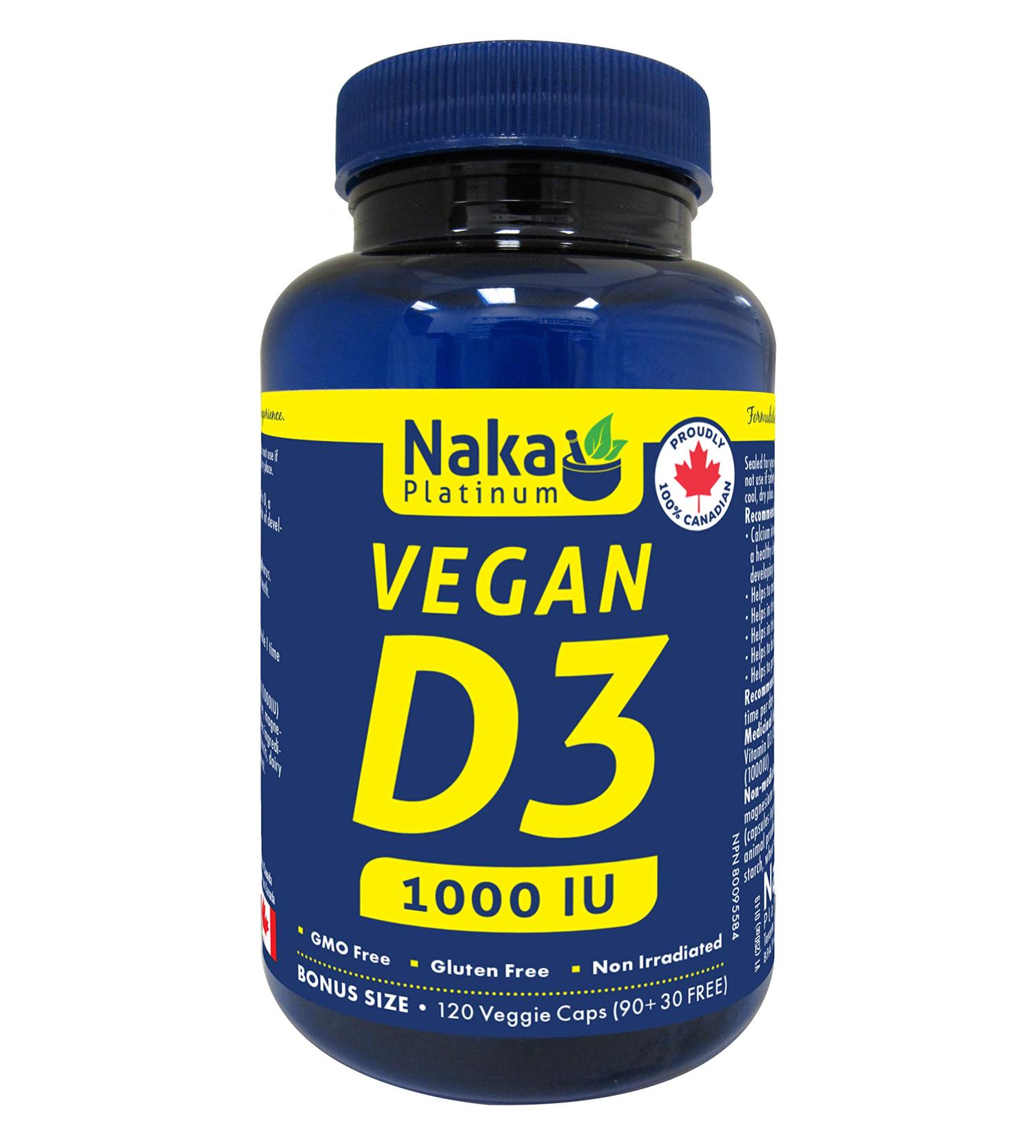 Naka Platinum VEGAN Vitamin D3 1000 IU BONUS SIZE 120 Veggie Caps (90+30 FREE) - Buy Online on GoSupps.com