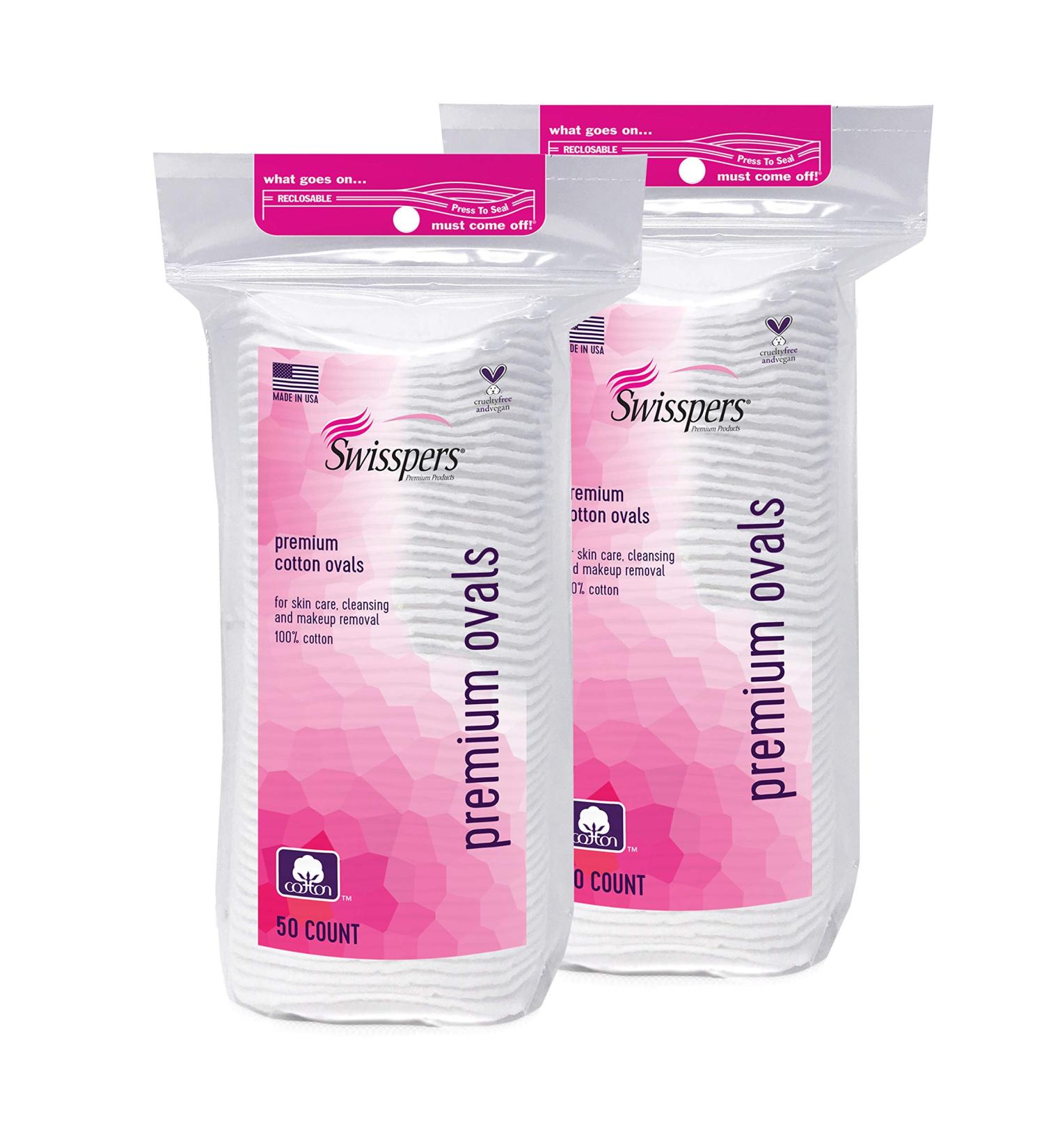Swisspers Premium 100% Cotton Ovals - 50 Count Reclosable Bags (2 Pack) | Best Quality Cleansing Pads - Buy Online on GoSupps.com