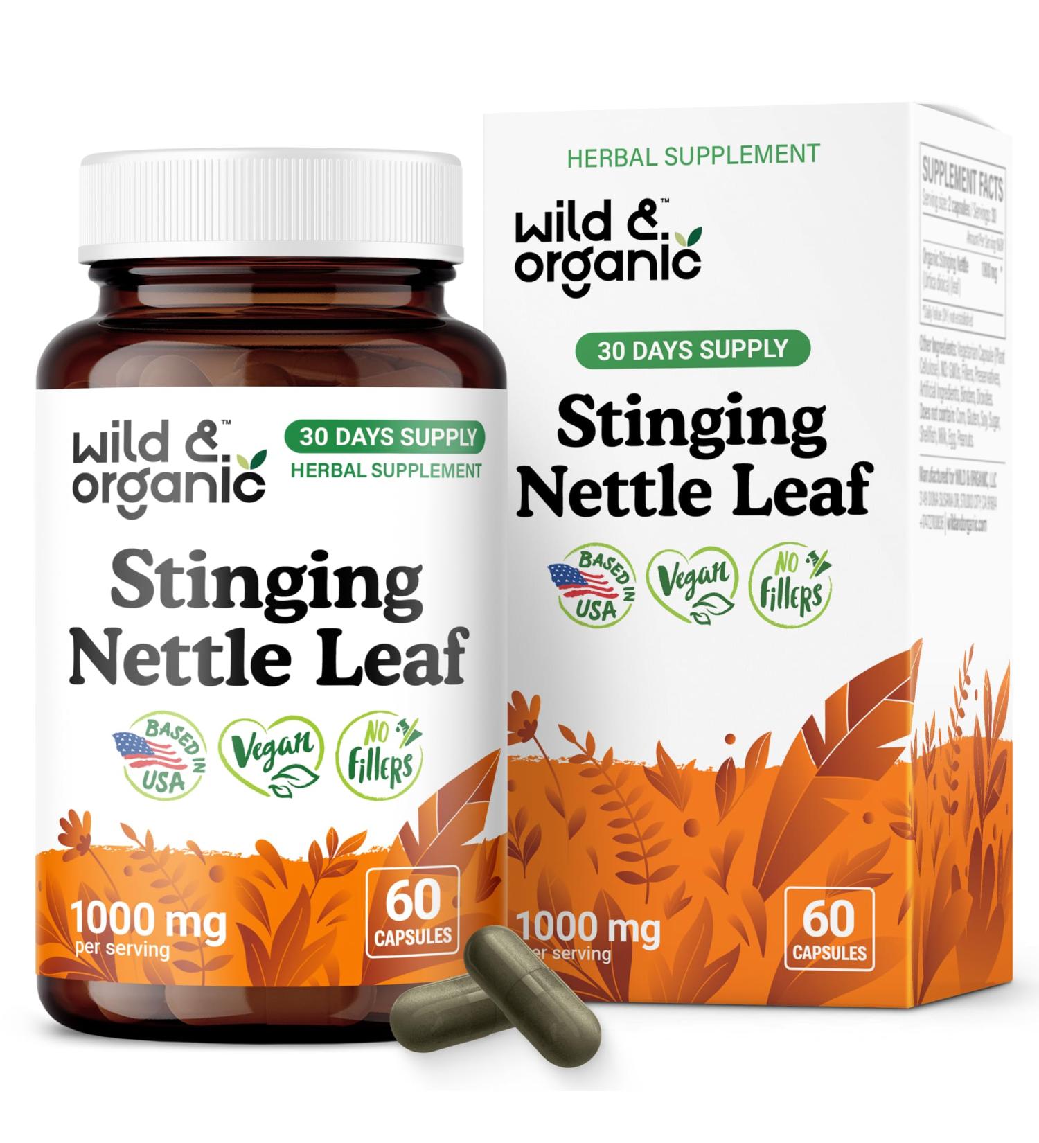 Wild & Organic Stinging Nettle Leaf Capsules - 1000 mg Stinging Nettle Extract for Urinary Support - 60 Vegan Herb Capsules - 30 Days Supply - Non-GMO Gluten-Free No Fillers 60 Count (Pack of 1) - Buy Online on GoSupps.com
