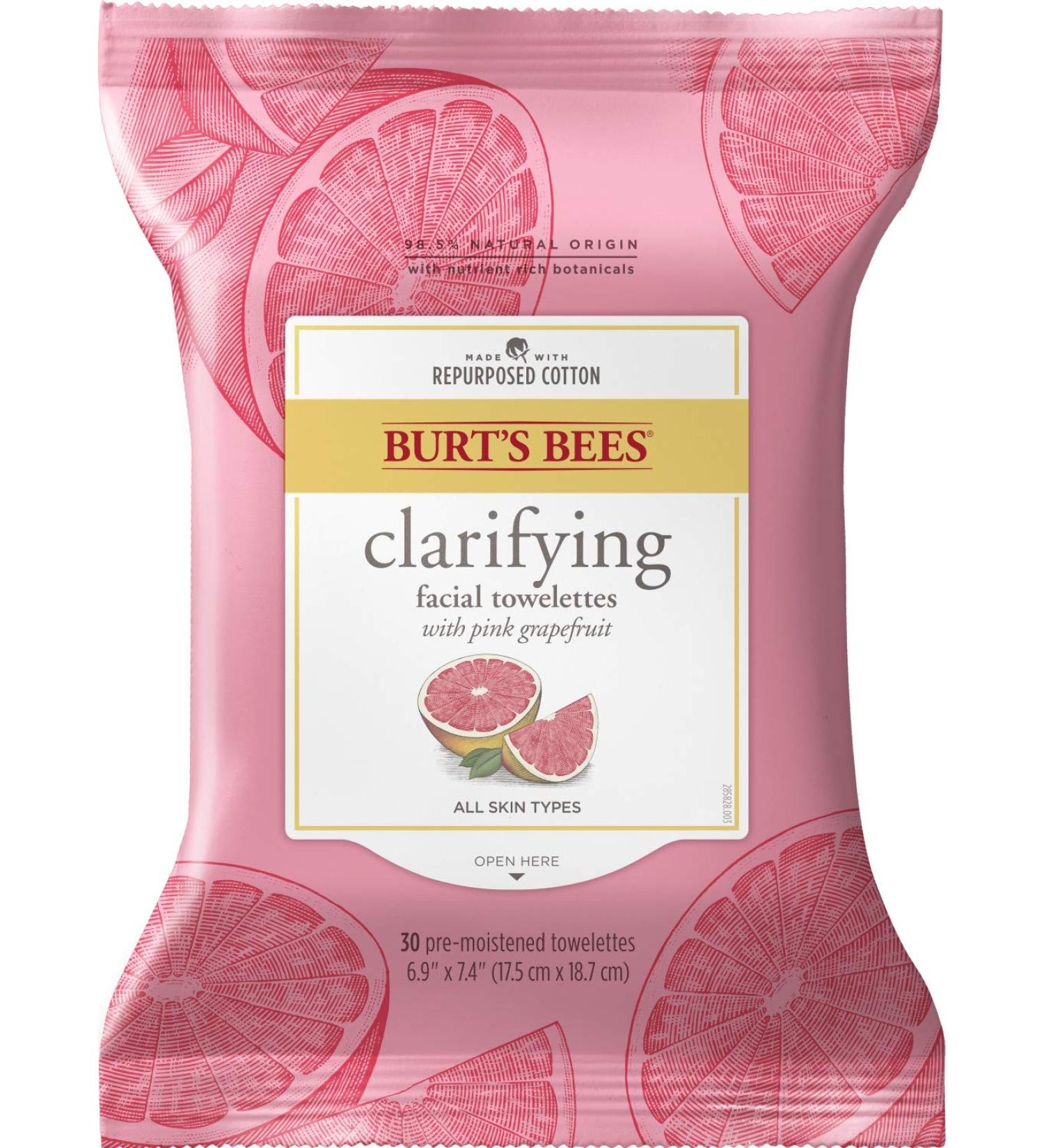 Burts Bees Pink Grapefruit Facial Cleanser Towelettes & Makeup Remover Wipes - 30 Count Pack - For All Skin Types - Made with Repurposed Cotton - Buy Online on GoSupps.com