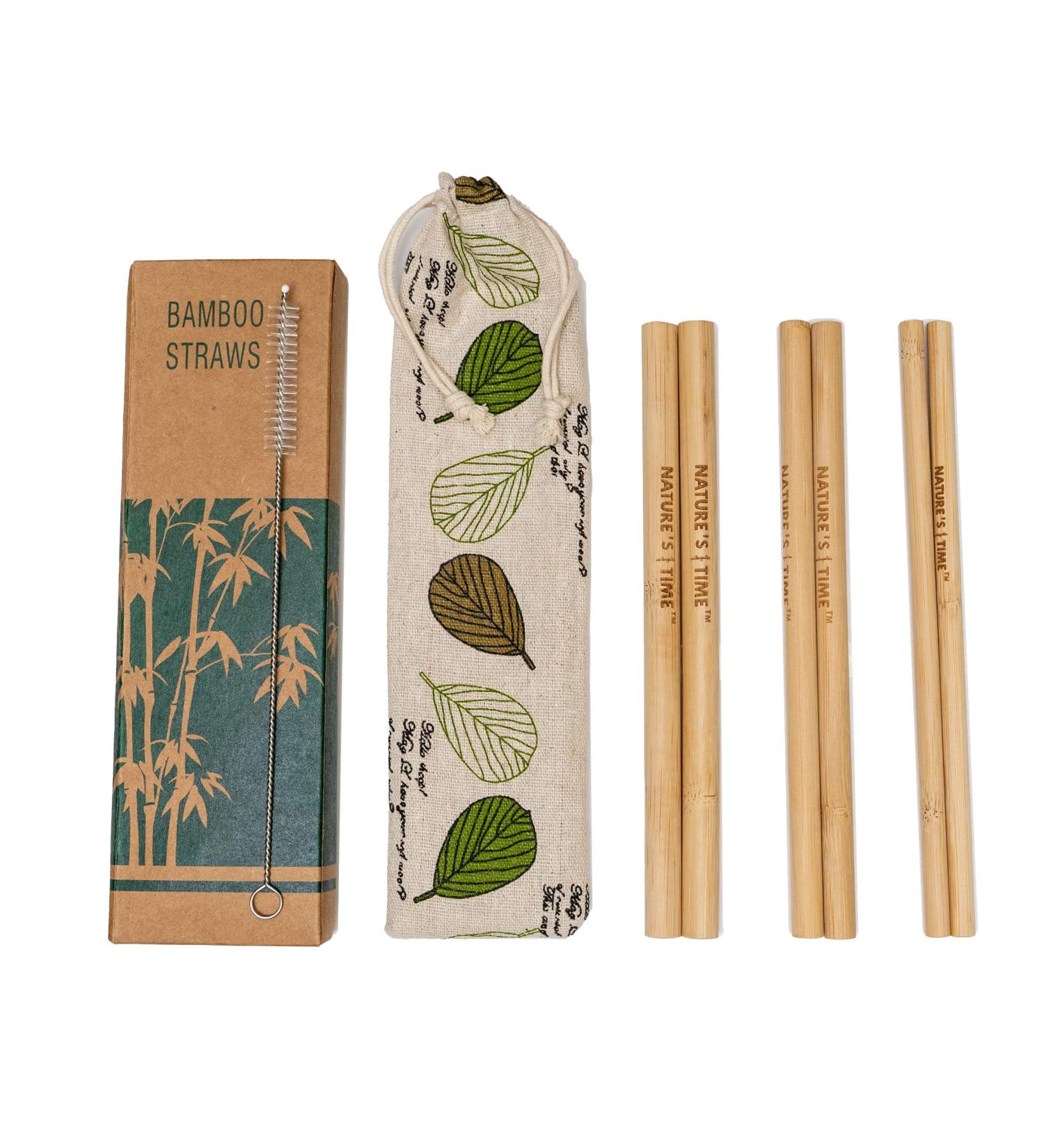 Nature's Time 6 Pieces Luxury Quality Long Bamboo Straws With Travelling Kit 6 Reusable 7.9" (20cm) Bamboo Wooden Straws and 1 Cleaning Brush and a Pocket Carry Pouch 3 Different Straw Diameter Sizes Included Great for Drinking Juice Soda Coffee Smoothie - Buy Online on GoSupps.com